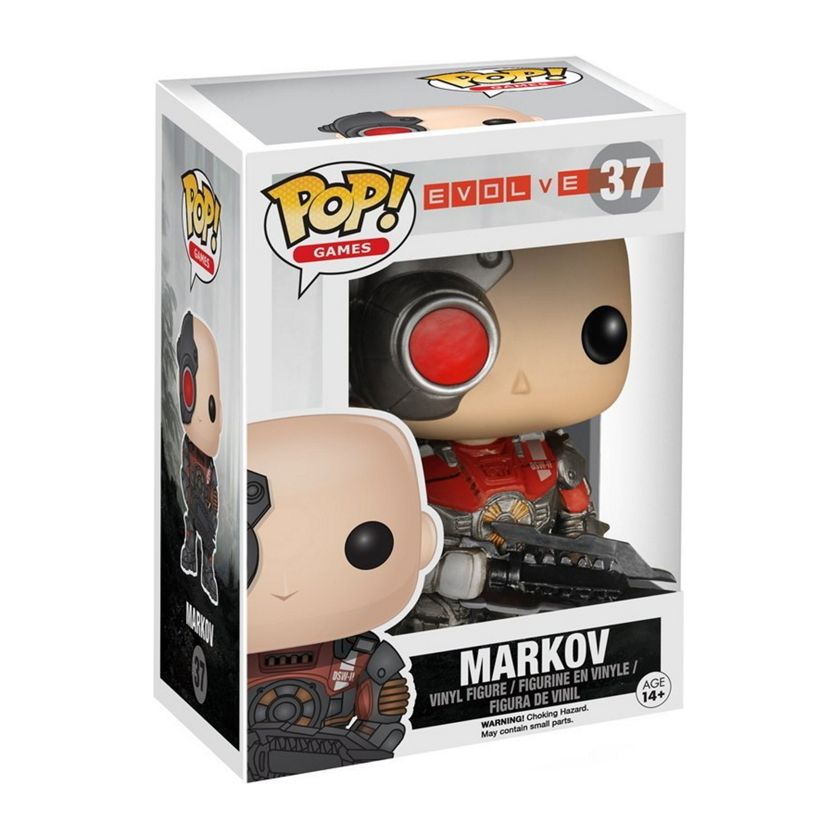 Personaggio Funko Pop di Markov di Evolve, in una scatola. Il personaggio è rosso e grigio.