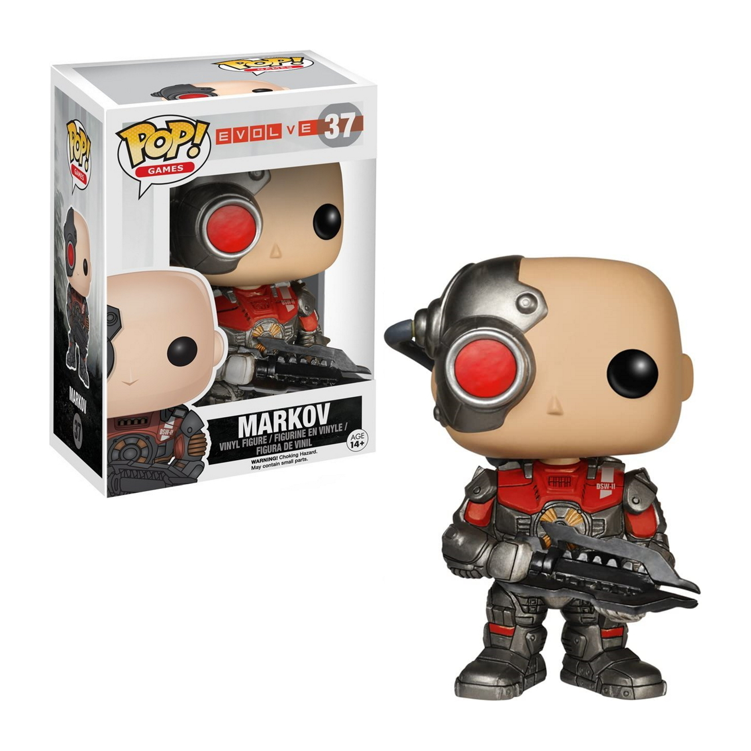 Figura di Markov del gioco Evolve, in una scatola. Un cyborg con una pistola.