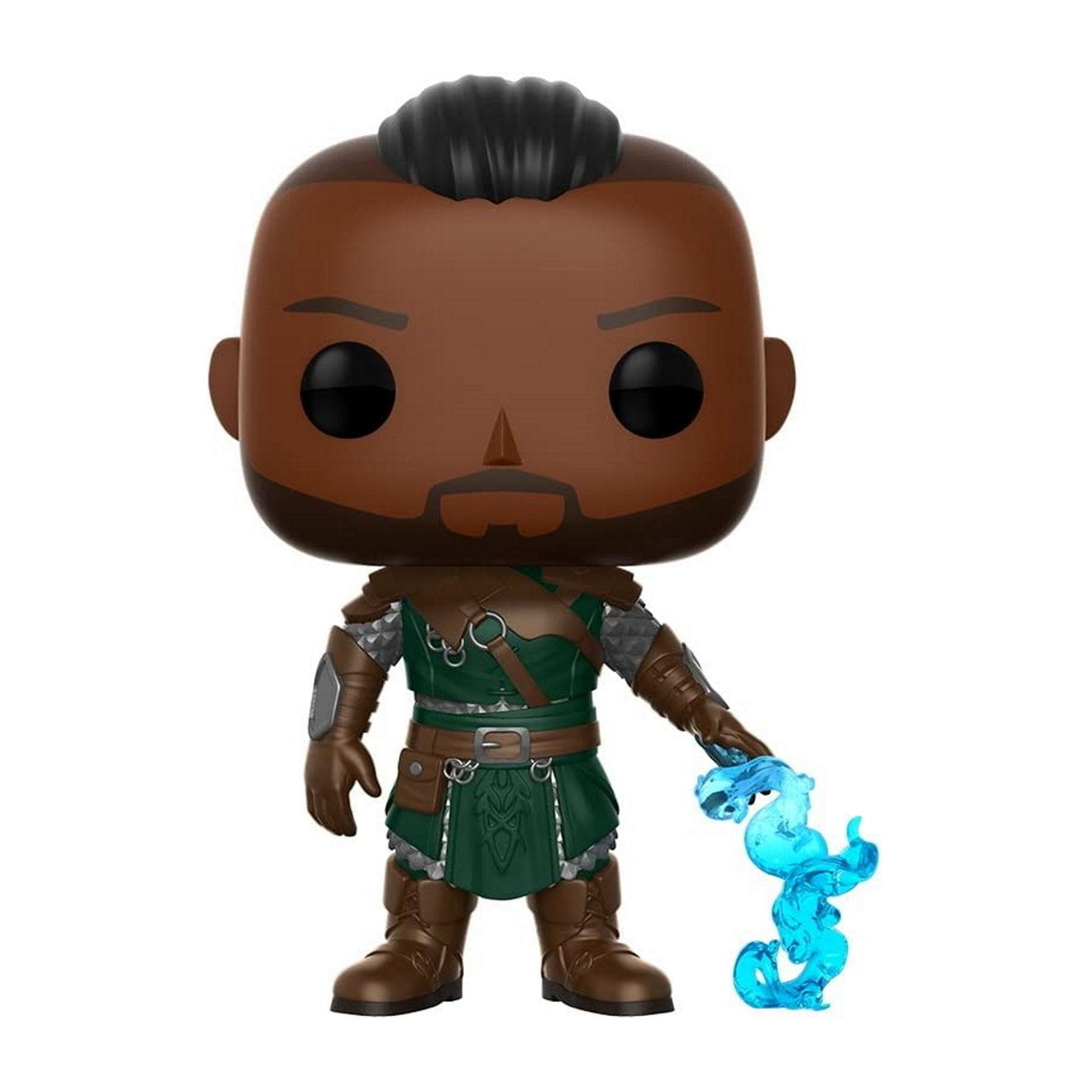 Funko Pop Figur eines Mannes mit brauner Haut, grüner Rüstung, hält eine blaue Flamme.
