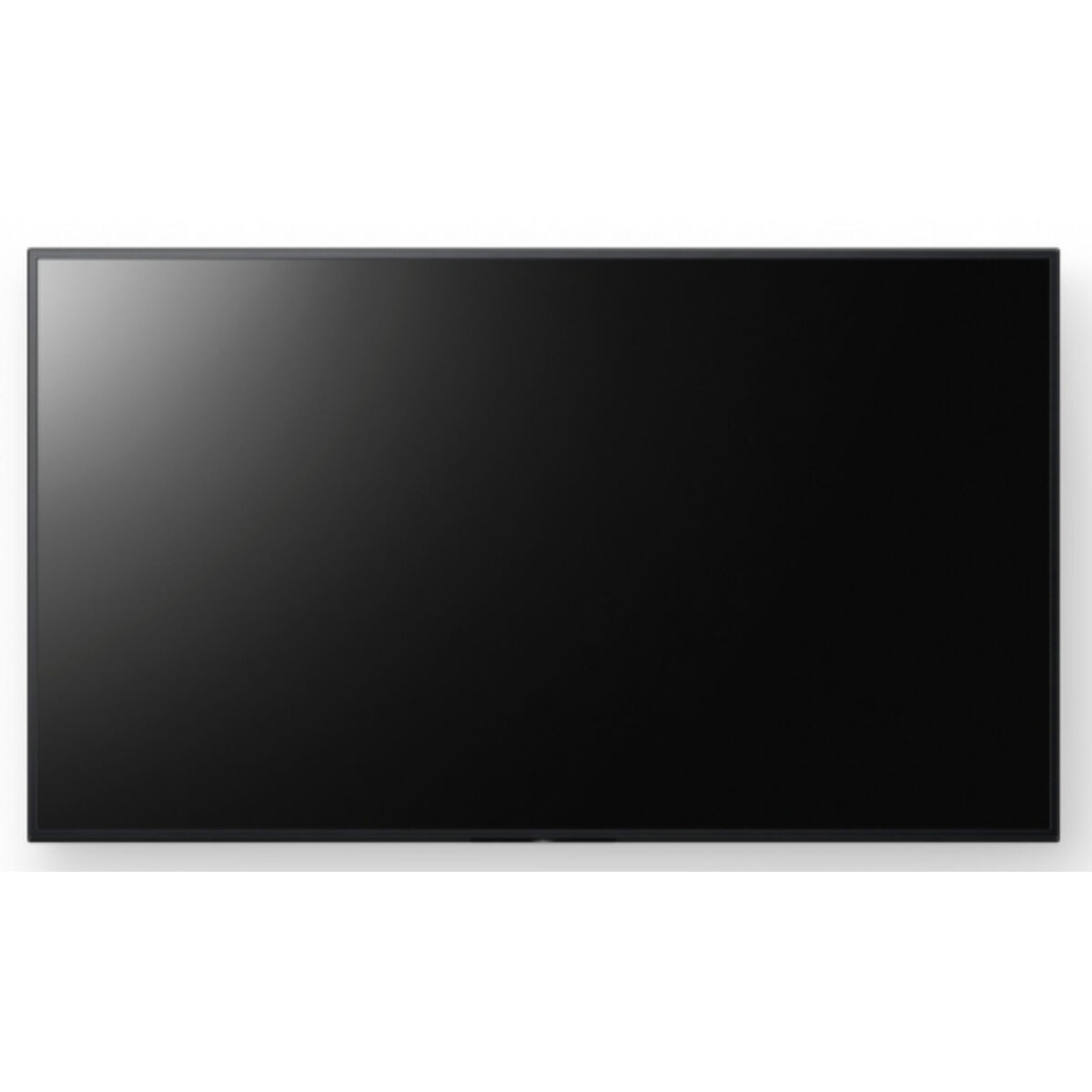 Una pantalla de TV negra grande, rectangular, con un marco negro delgado, aislada sobre un fondo blanco, mostrando el frente.