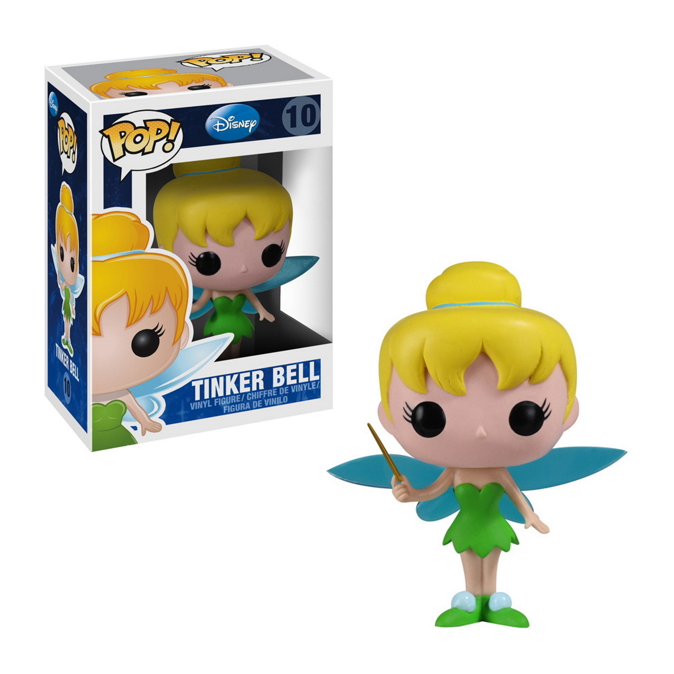 Tinker Bell Figur in einer Box und ausgestellt. Die Figur ist grün und gelb mit Flügeln und einem Zauberstab.