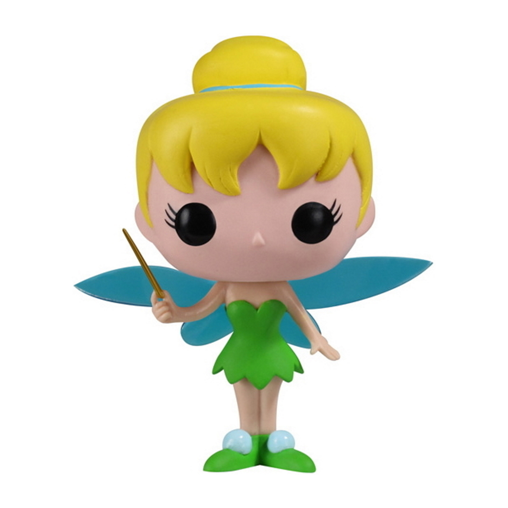 Eine Tinkerbell-Figur mit blonden Haaren, grünem Kleid, blauen Flügeln und einem Zauberstab.