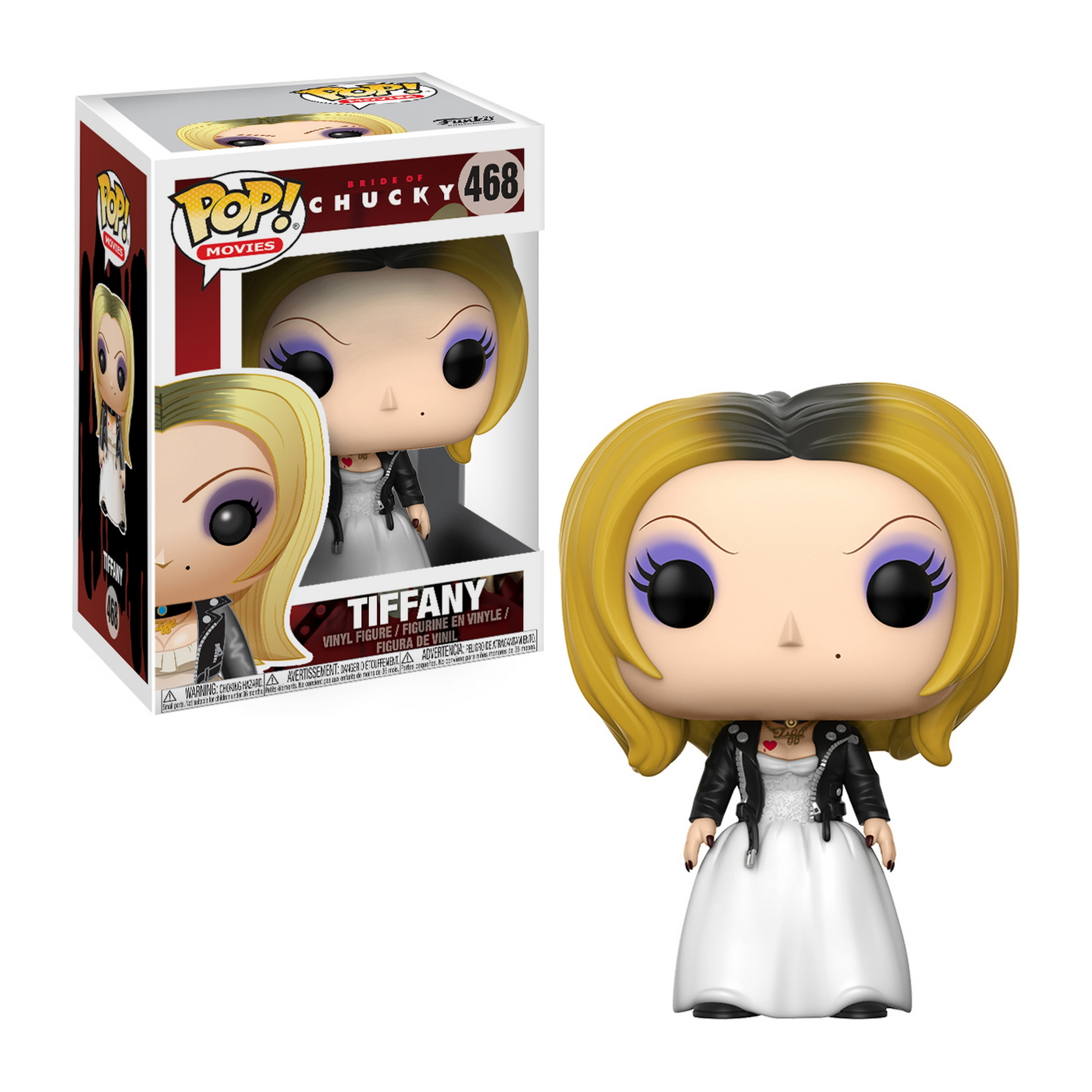 Una figura di Tiffany Funko Pop è in piedi accanto alla sua scatola. Ha i capelli biondi e indossa una giacca nera.