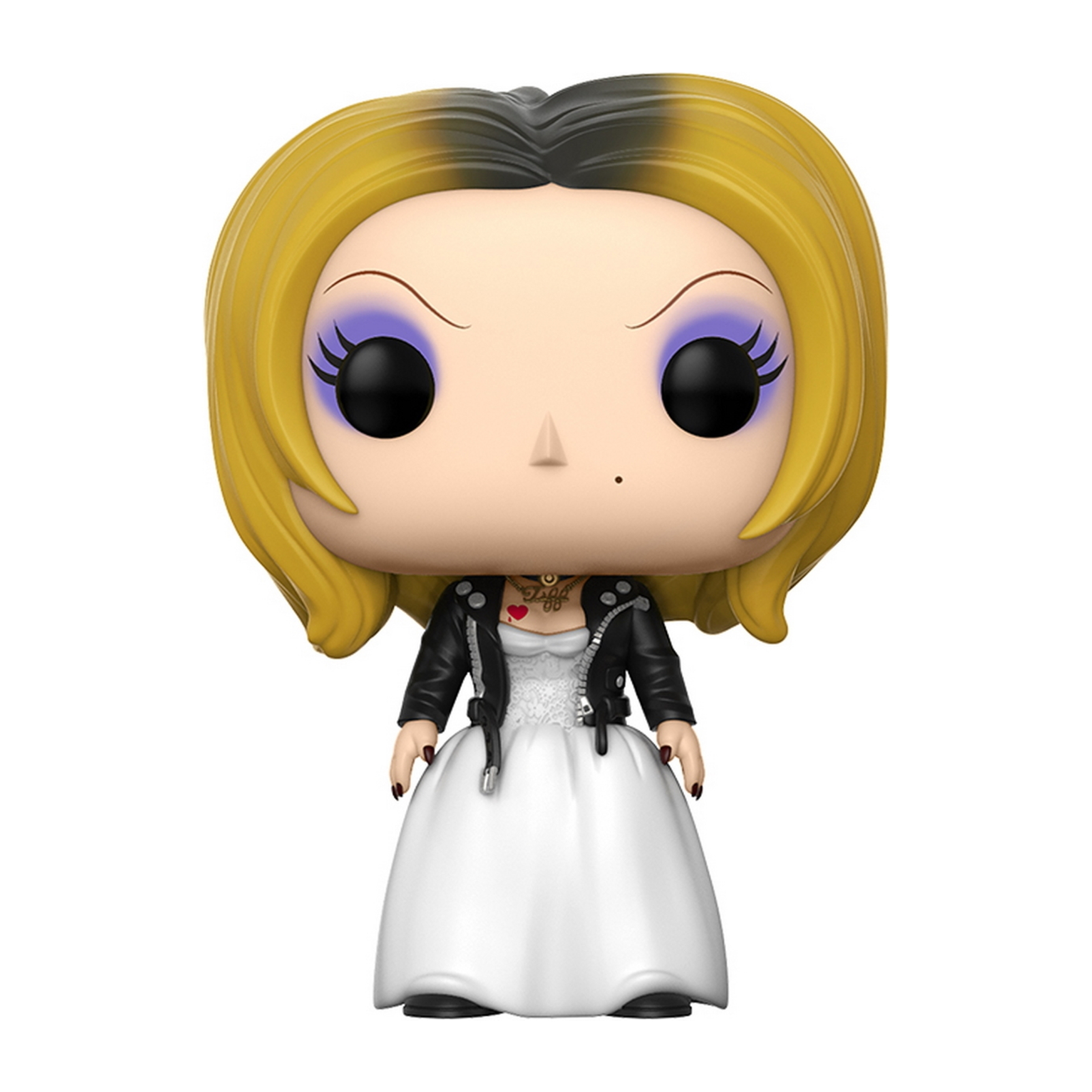 Figura Funko Pop di una donna con giacca nera e abito da sposa, capelli gialli.