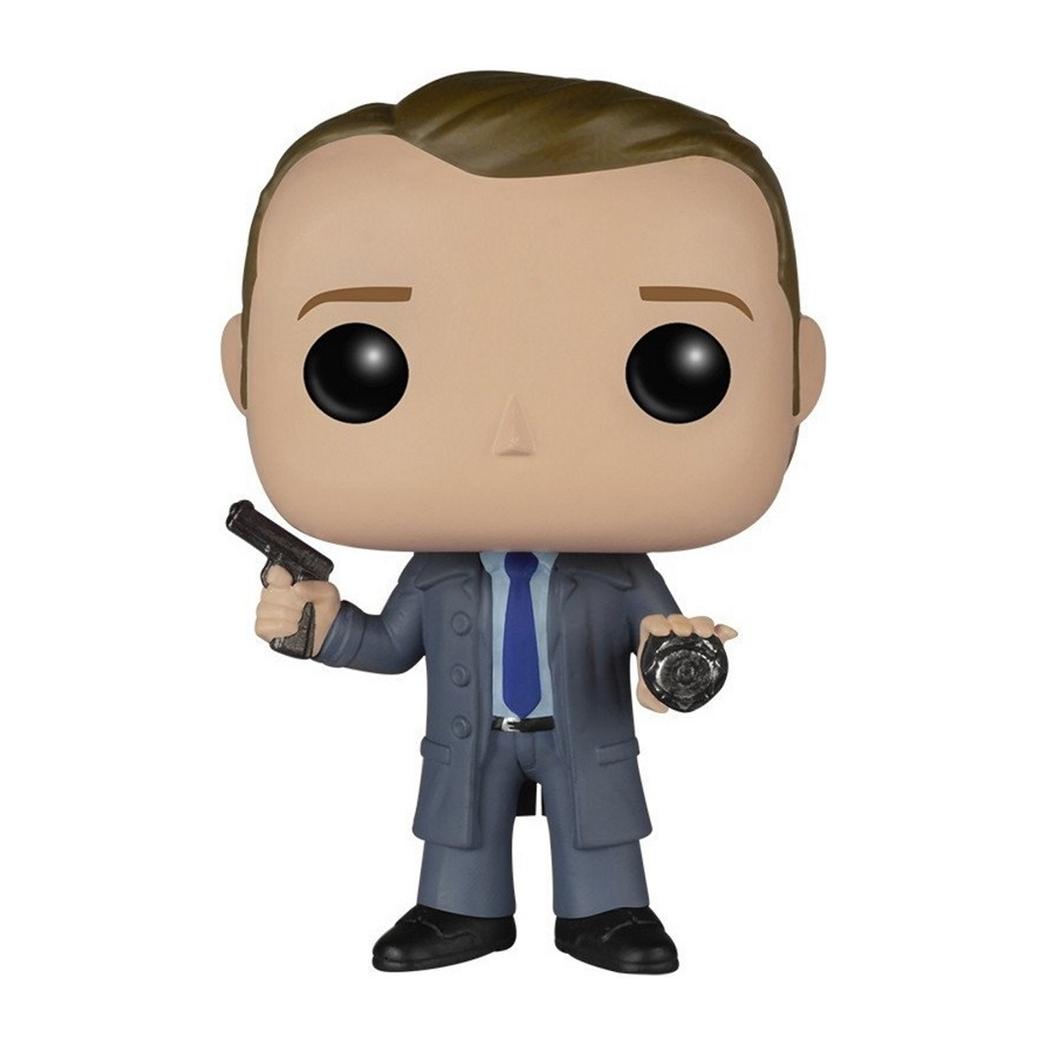 Eine Funko Pop Figur eines Mannes im Anzug, der eine Pistole und ein Abzeichen hält.