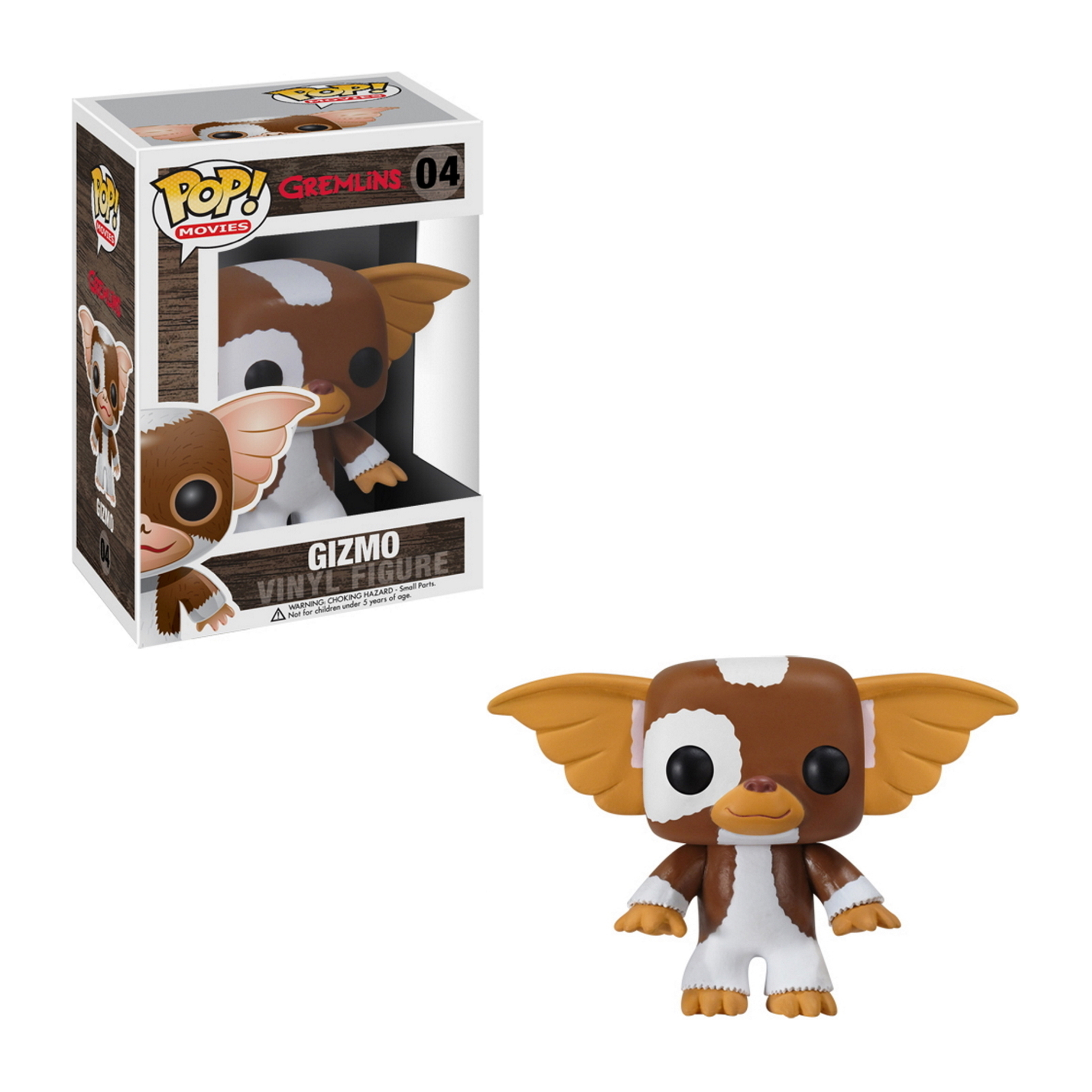 Gizmo Gremlins Funko Pop Figur in Box und außerhalb, braunes Fell, Ohren und weißes Gesicht.
