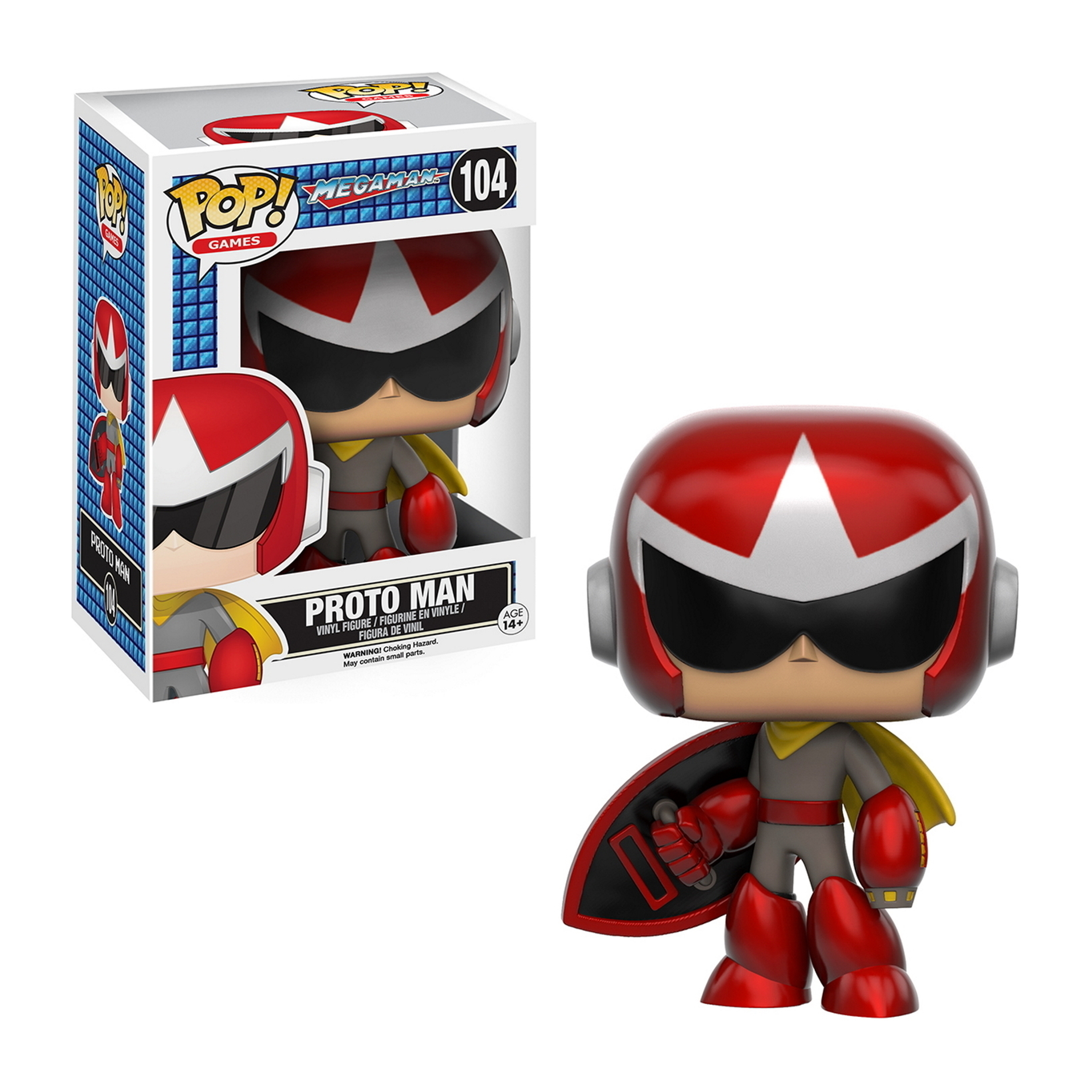 Figurka Proto Man Funko Pop w pudełku i poza nim. Figurka ma czerwoną i białą zbroję.