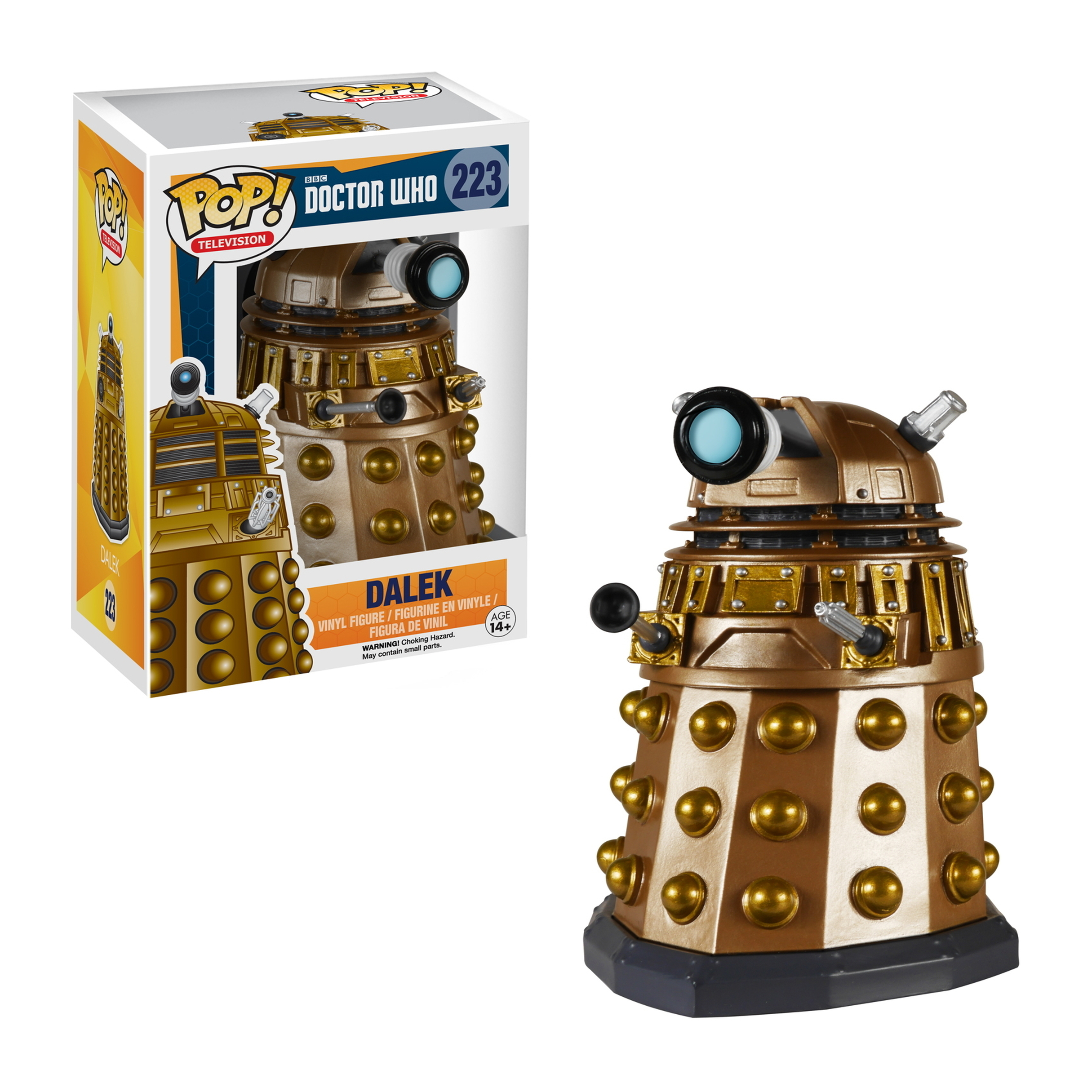 Dalek Funko Pop Figur. Ein goldener Dalek mit zylindrischem Körper und eine Box ist sichtbar.