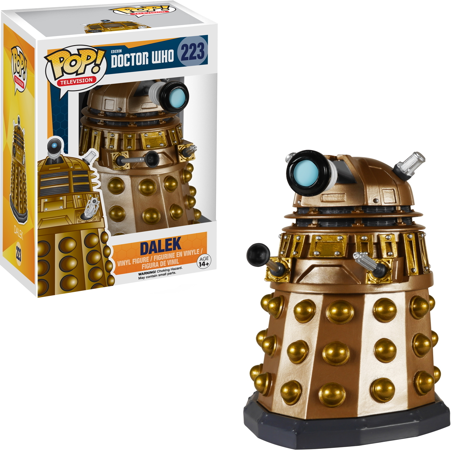 Dalek-Figur in Box. Bronze, goldene Details und blaues Okular. Box zeigt den Dalek.