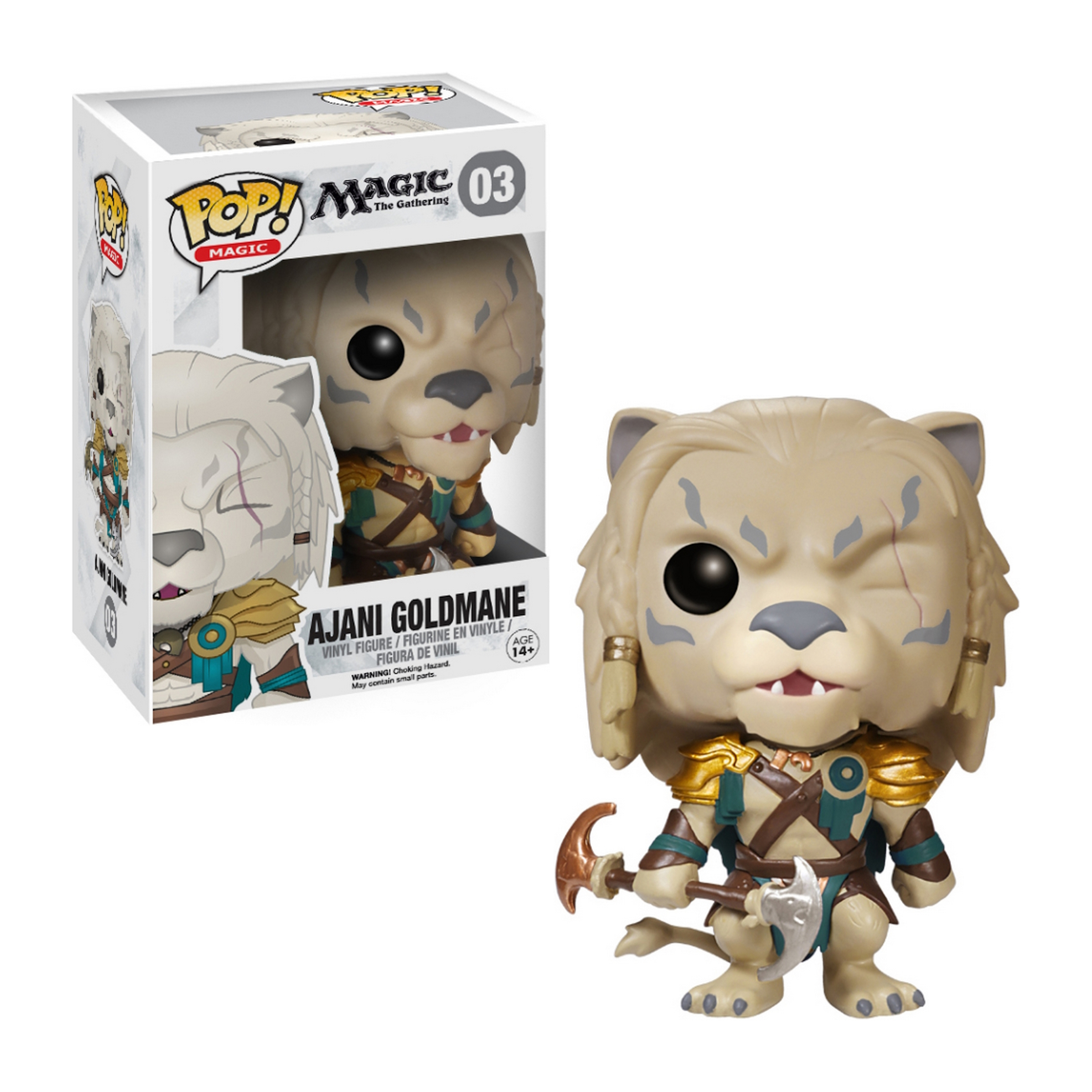Ajani Goldmane Figur in Box. Löwenartig mit goldener Rüstung und Waffe. Box zeigt die Figur.