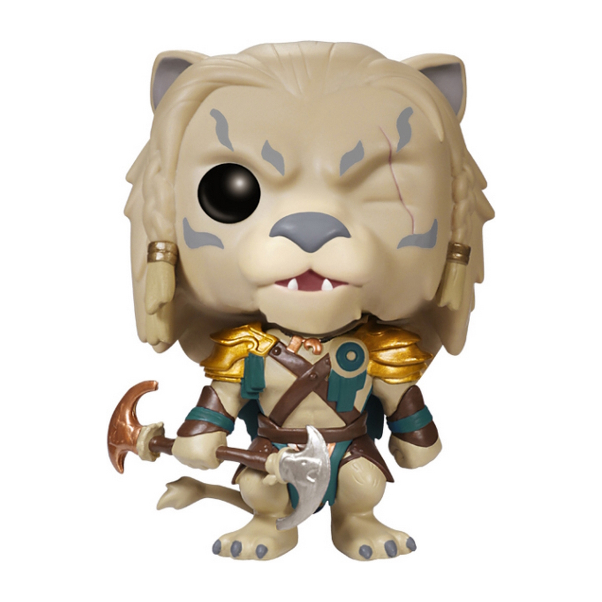 Löwenartiger Funko Pop Figur. Hat einen Löwenkopf mit langen Haaren, Rüstung und Äxten. Box ist nicht sichtbar.