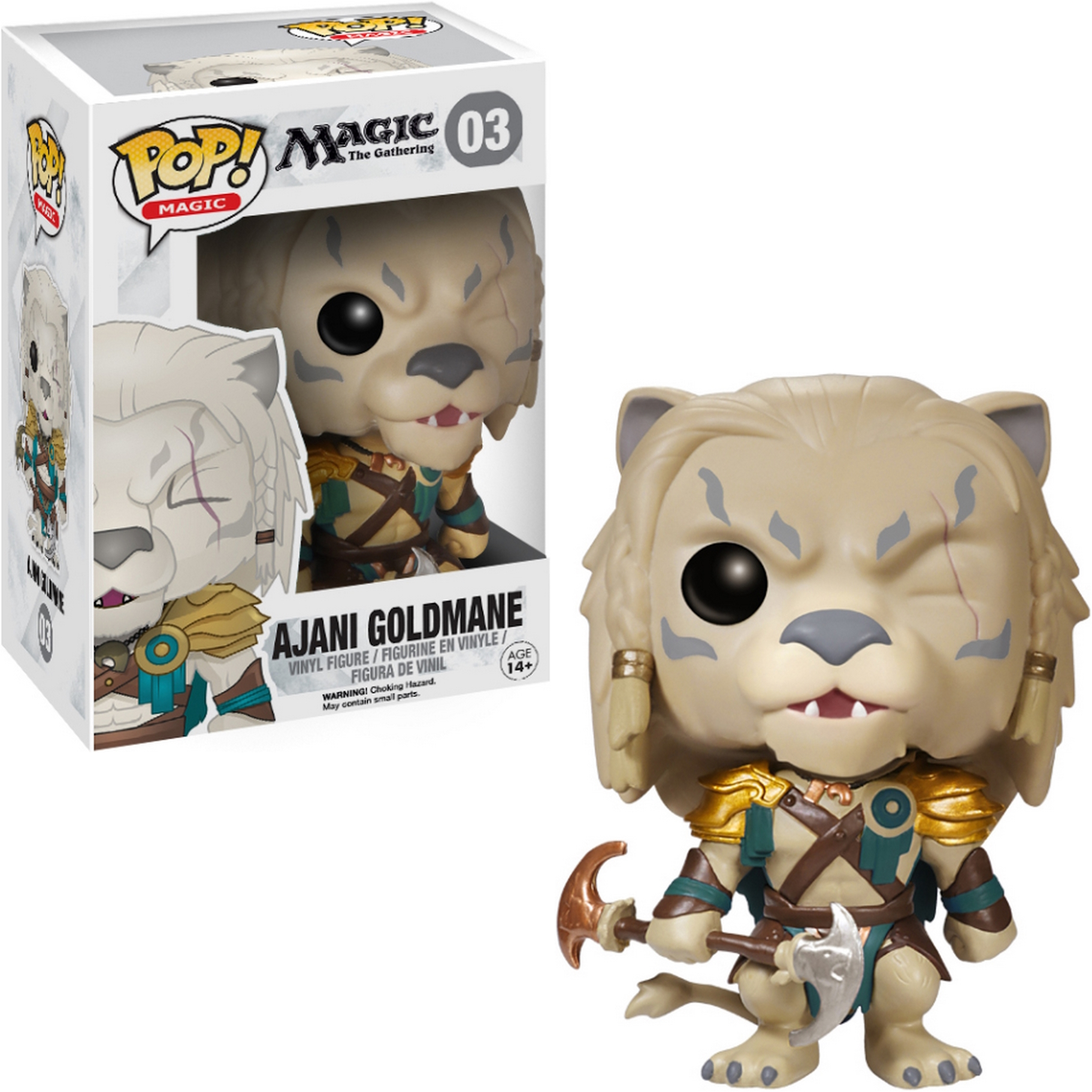 Ajani Goldmane Funko Pop-Figur mit Box. Er hat eine Narbe und hält eine Axt.