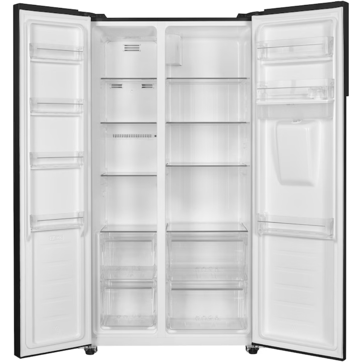 Open, lege koelkast met planken en lades, zwart frame, wit interieur.