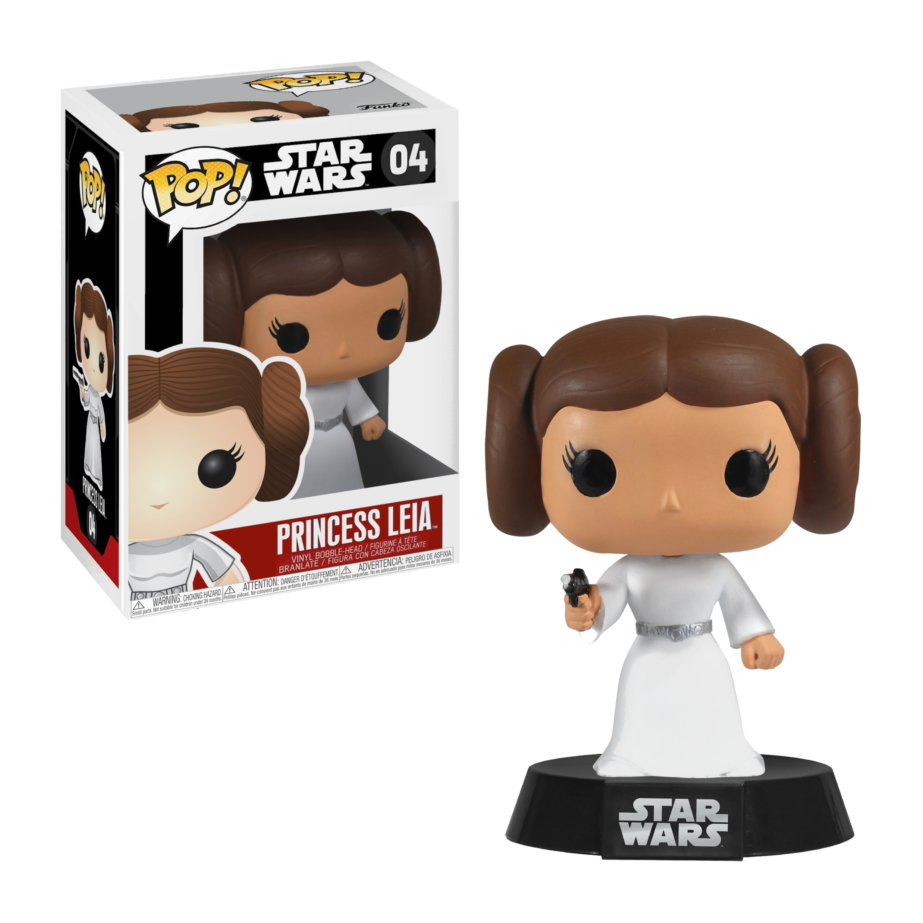 Una figura Funko Pop della Principessa Leia in abito bianco. Ha i suoi iconici chignon doppi e tiene in mano un blaster.