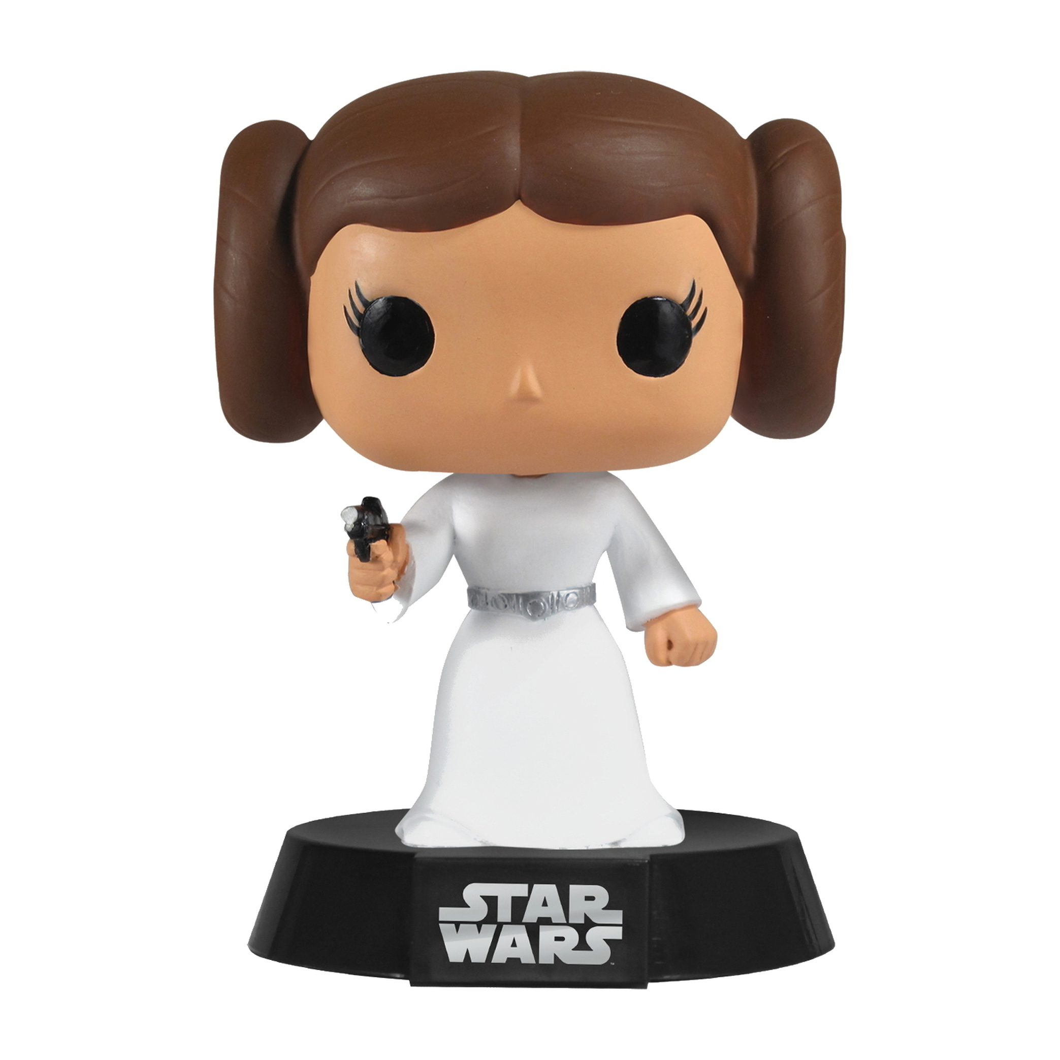 Una figura Funko Pop di Principessa Leia che tiene un blaster, su una base nera con il logo Star Wars.