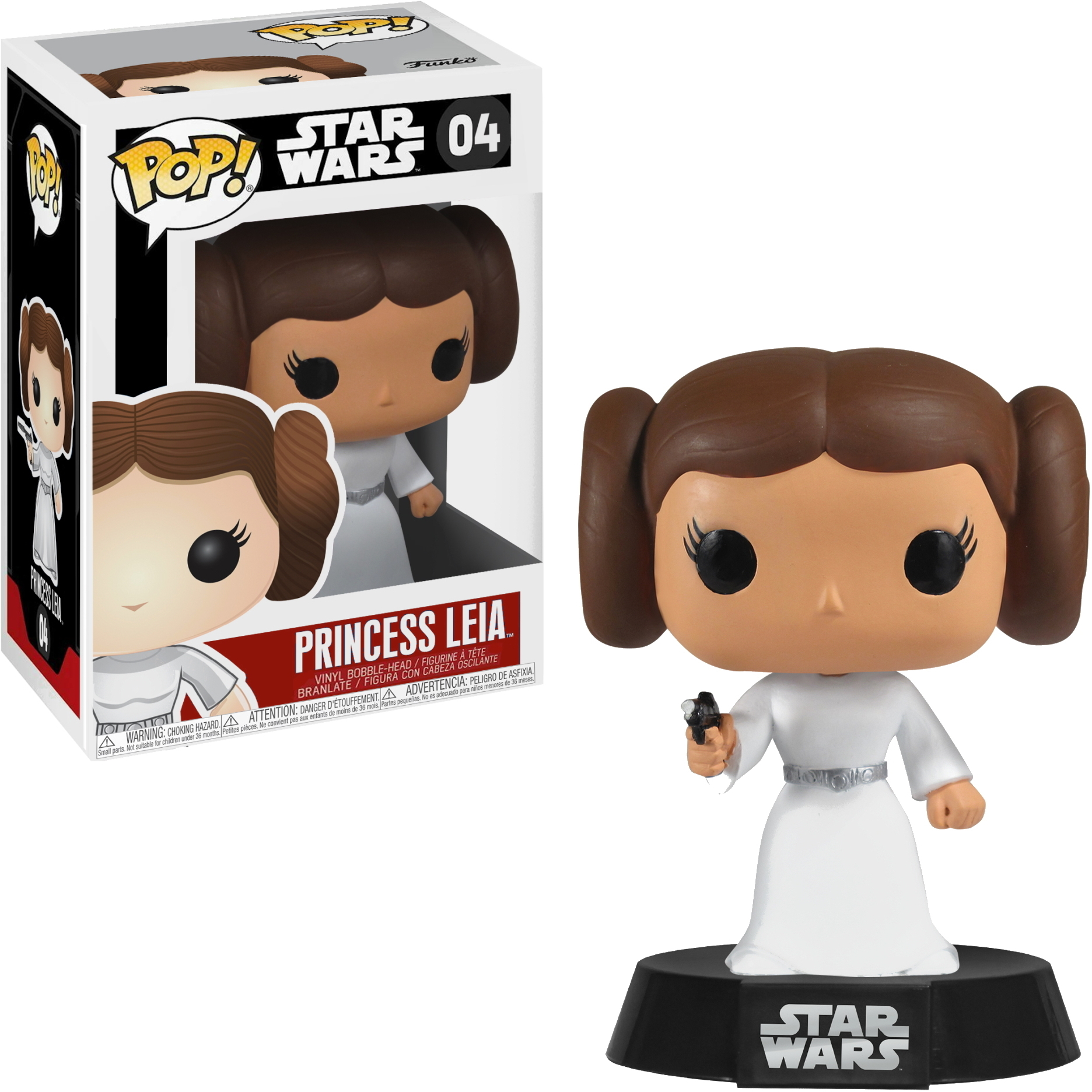 Personaggio Funko Pop di Principessa Leia in abito bianco, con blaster. La scatola mostra il personaggio.