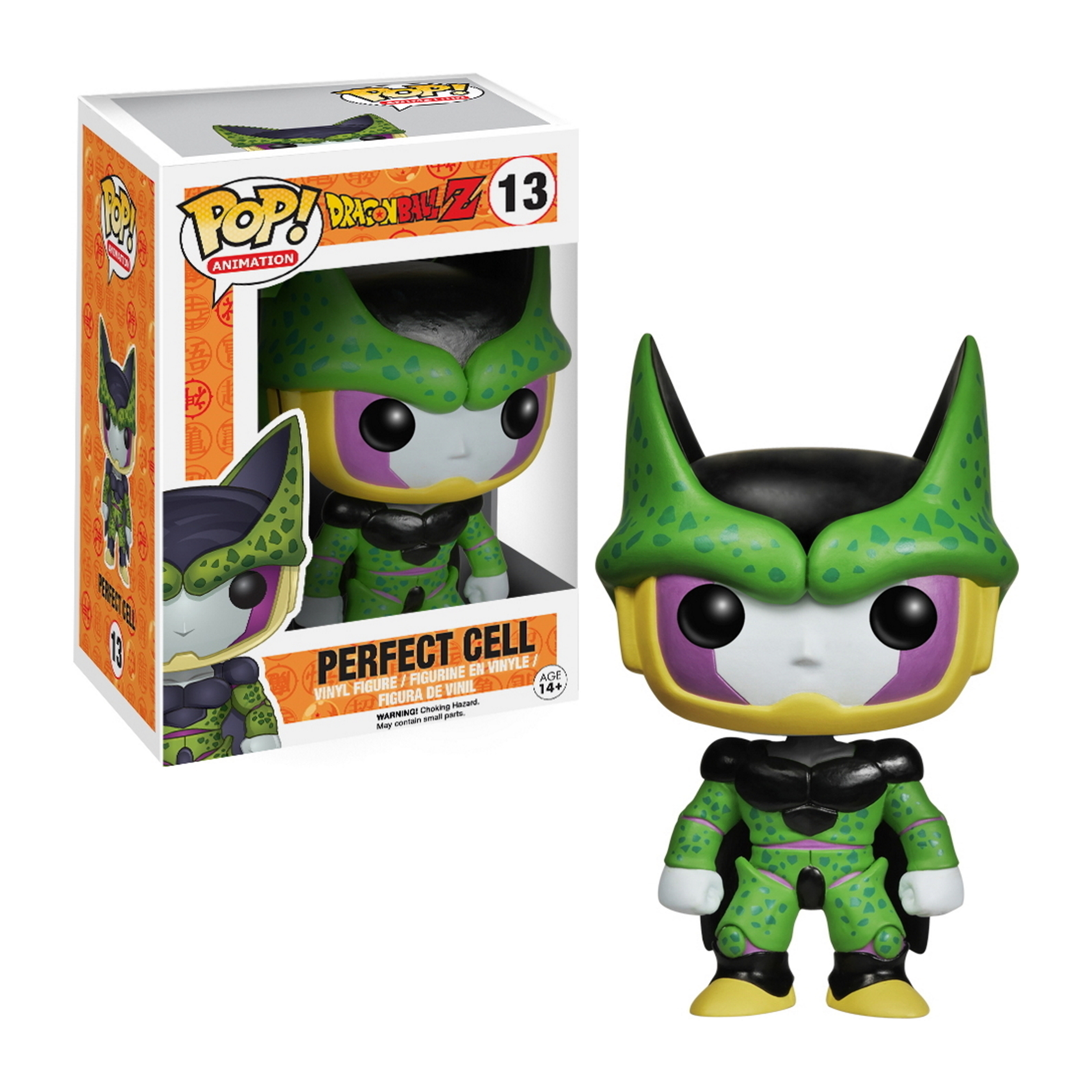 Figurina di Perfect Cell con scatola. I colori verde e viola sono prominenti.