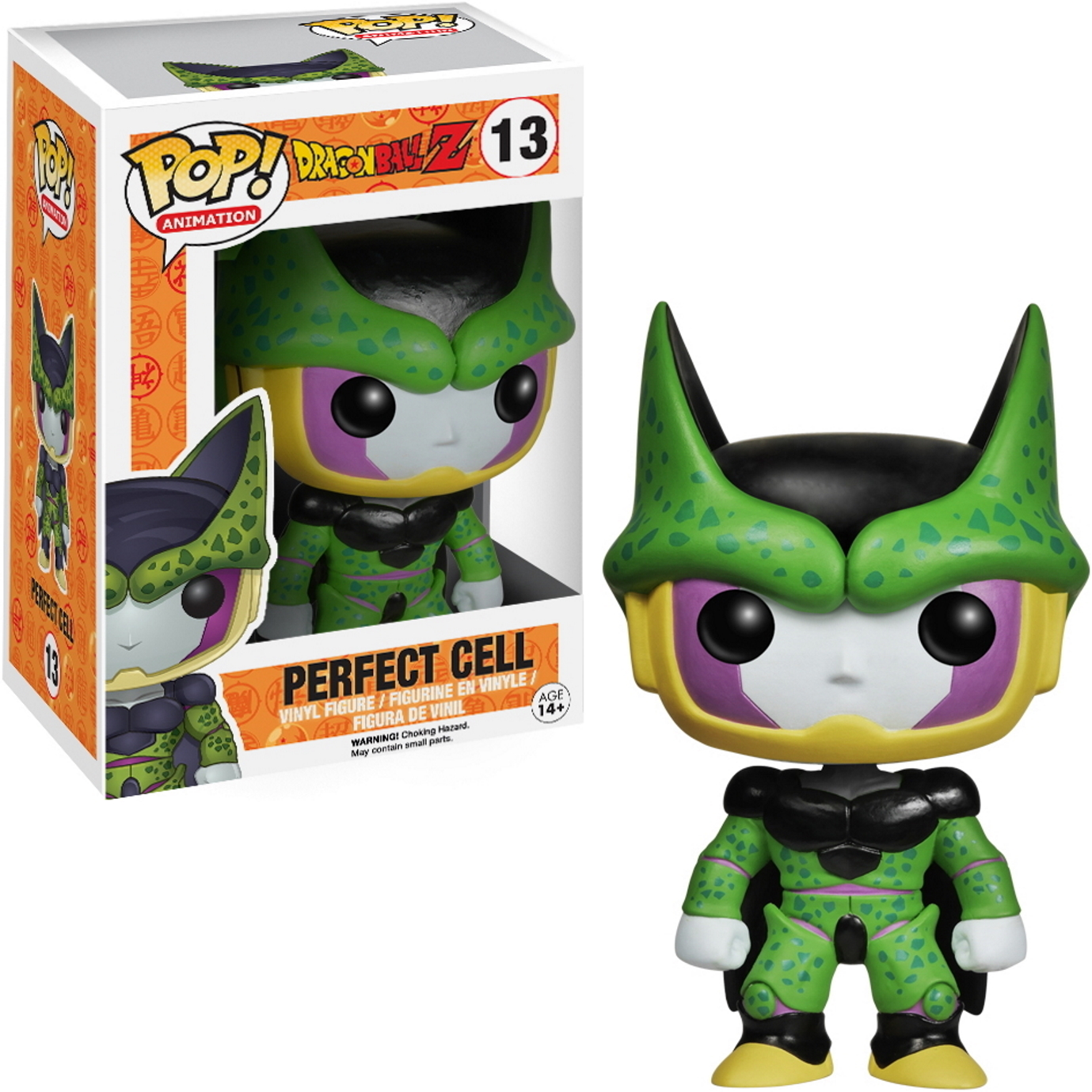 Figura e scatola Perfect Cell Funko Pop. Corpo verde, testa viola, tratti neri. La scatola è arancione.