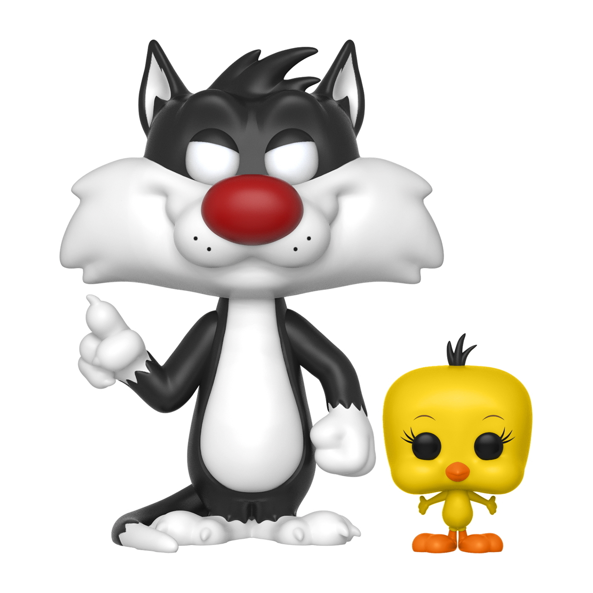 Una figura del gatto Silvestro e una figura dell'uccellino Titti. Entrambi sono personaggi dei cartoni animati. Sono su sfondo bianco.