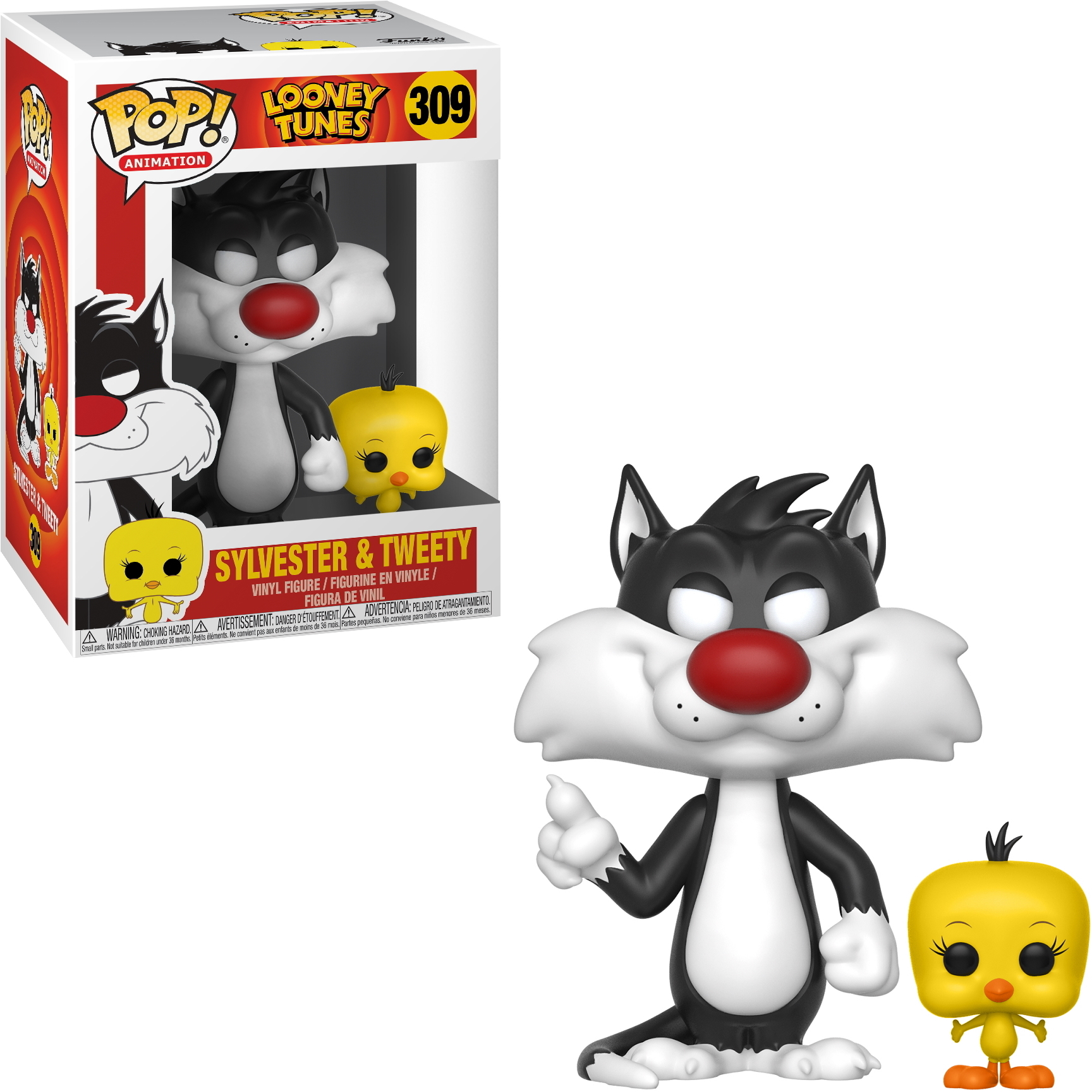 Personaggi Funko Pop di Silvestro il gatto e Titti in una scatola, esposti separatamente.