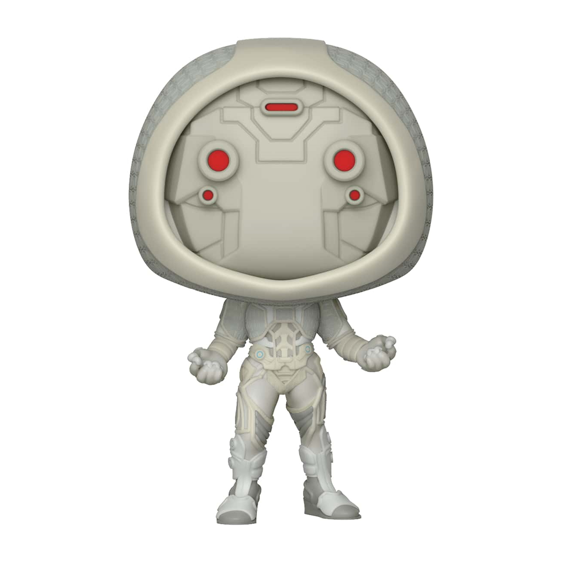 Weiße Actionfigur in futuristischem Anzug mit roten Augen. Die Figur hat einen großen Kopf und steht aufrecht.