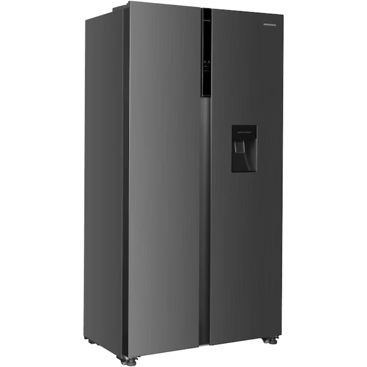 Een donkergrijze side-by-side koelkast met een waterdispenser op de deur.