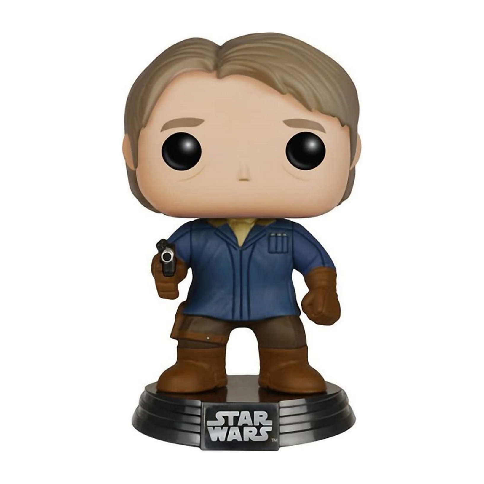 Han Solo Funko Pop-Figur mit einer Pistole, blauer Jacke und braunen Stiefeln.