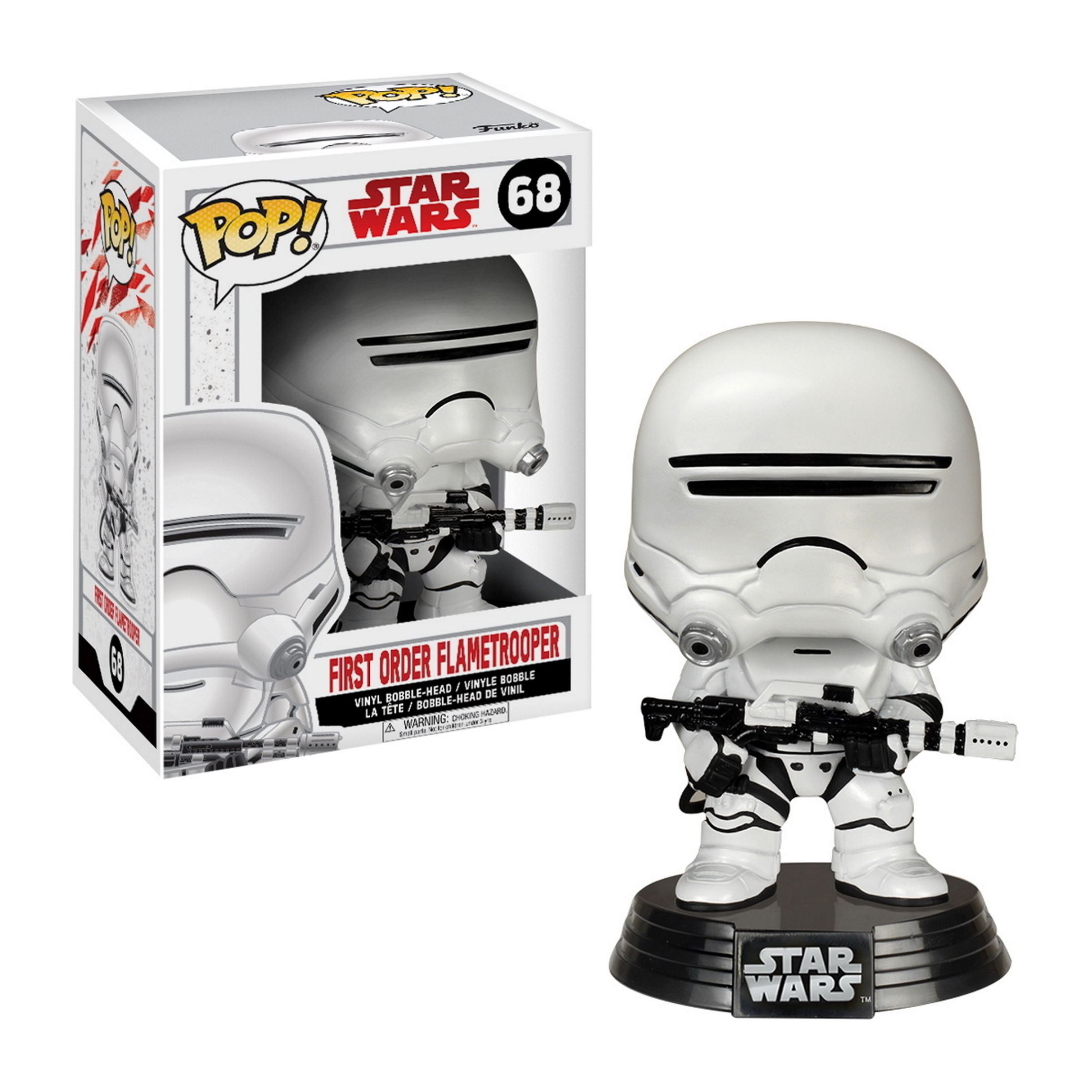 Eine Funko Pop Figur eines First Order Flametrooper, mit Schachtel links.