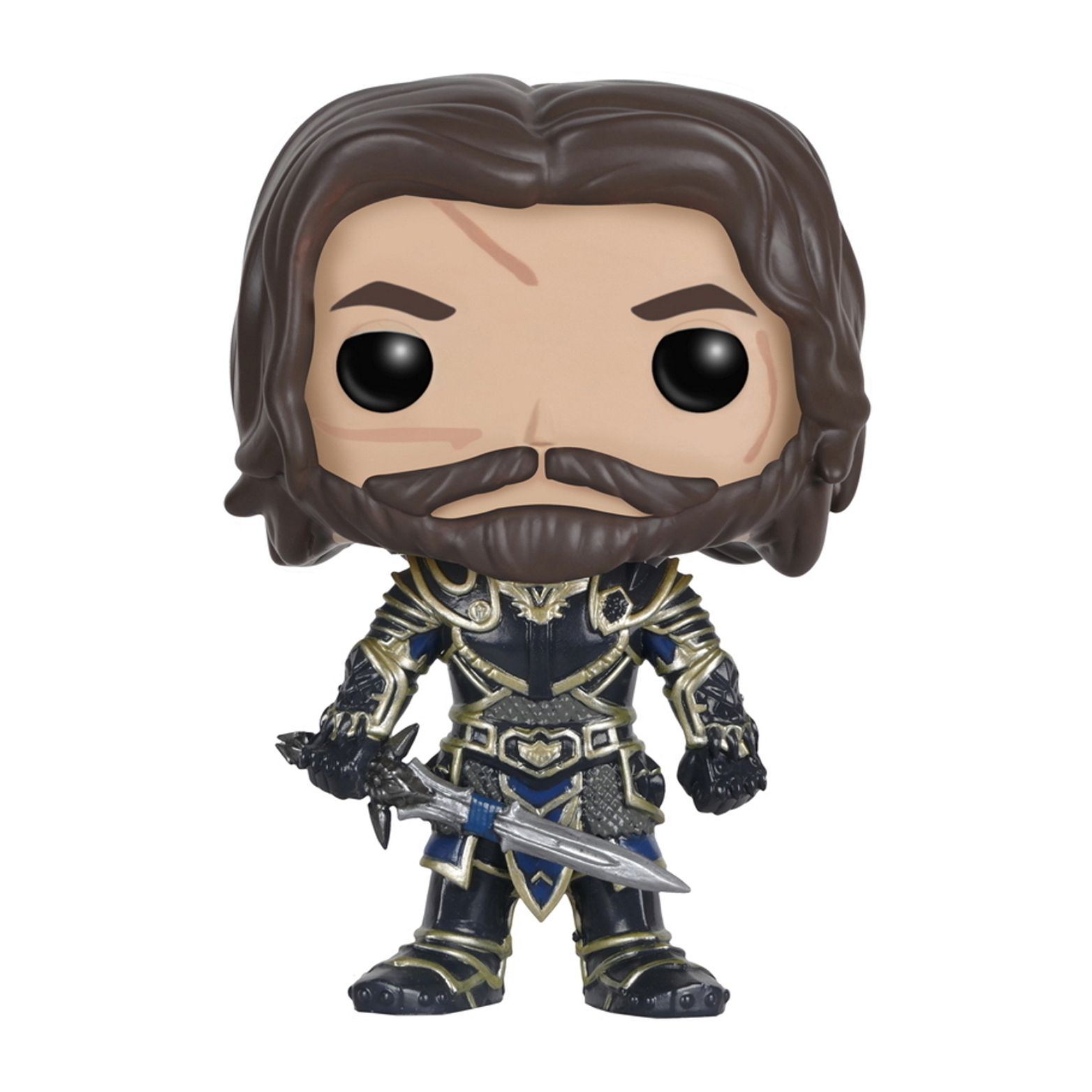 Figurina Funko Pop di un uomo in armatura, con una spada. Capelli scuri, barba, sfondo bianco.