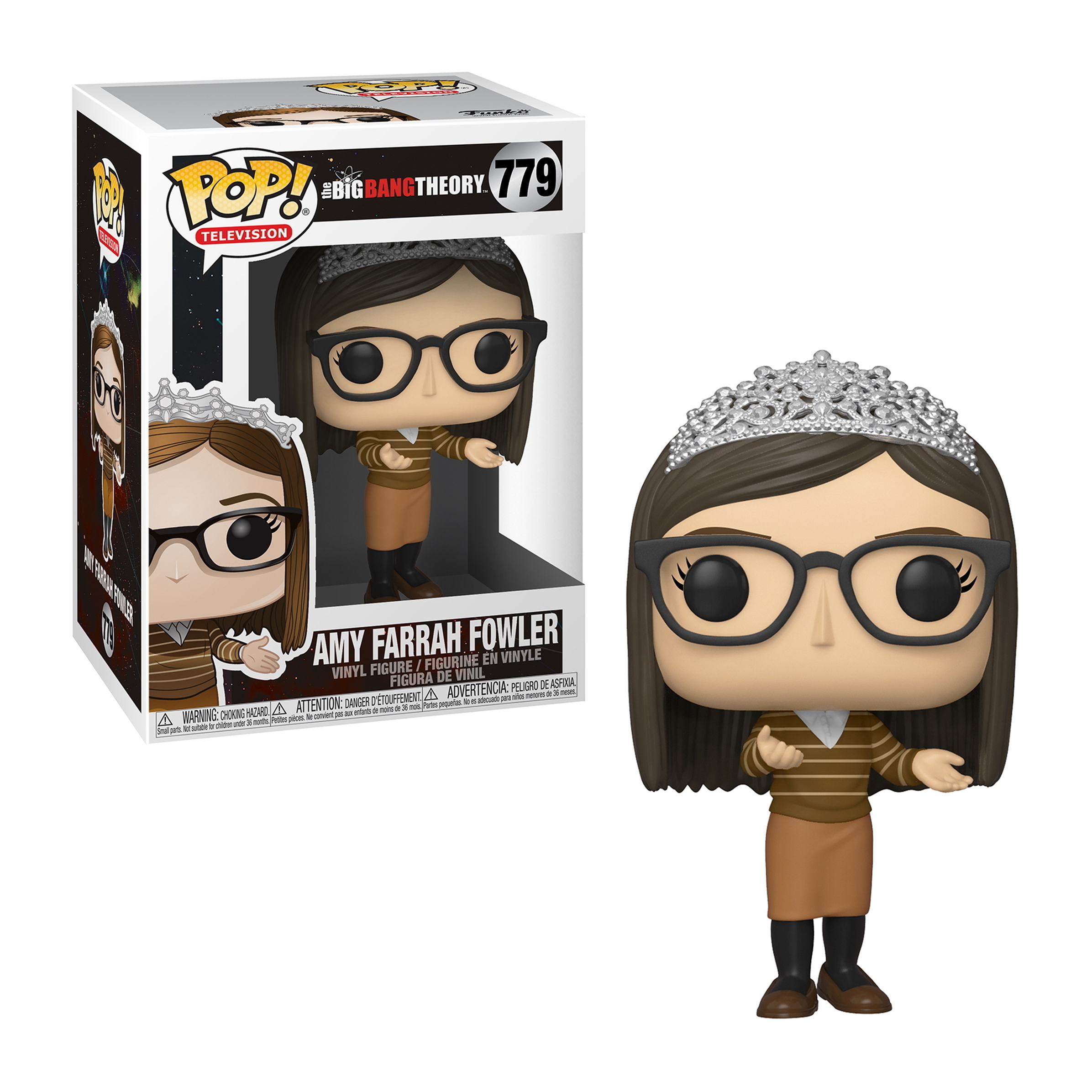 Una statuetta stilizzata di Amy Farrah Fowler di The Big Bang Theory, che indossa un diadema, occhiali e una camicia a righe.