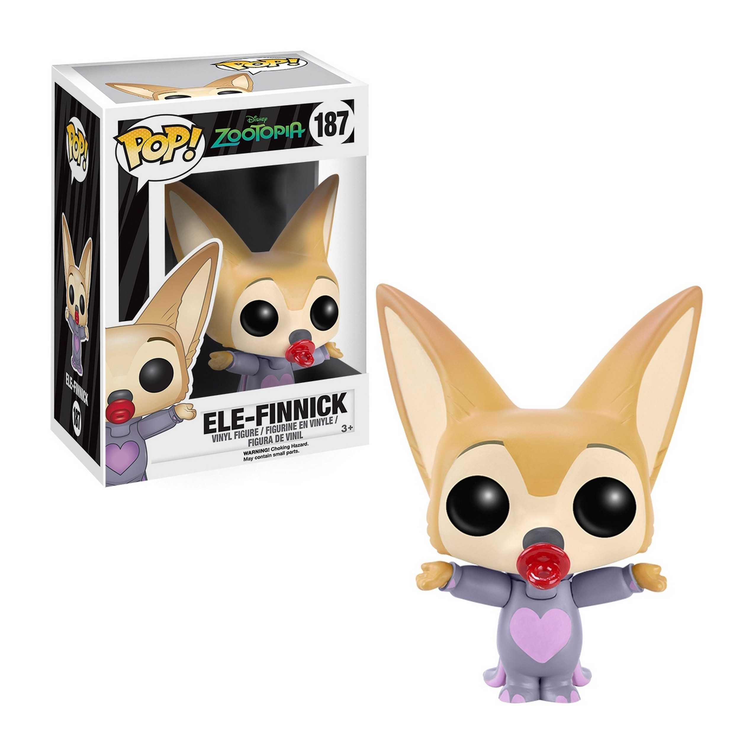 Finnick Funko Pop-Figur in einer Box. Er hat große Ohren und trägt ein lila Outfit.
