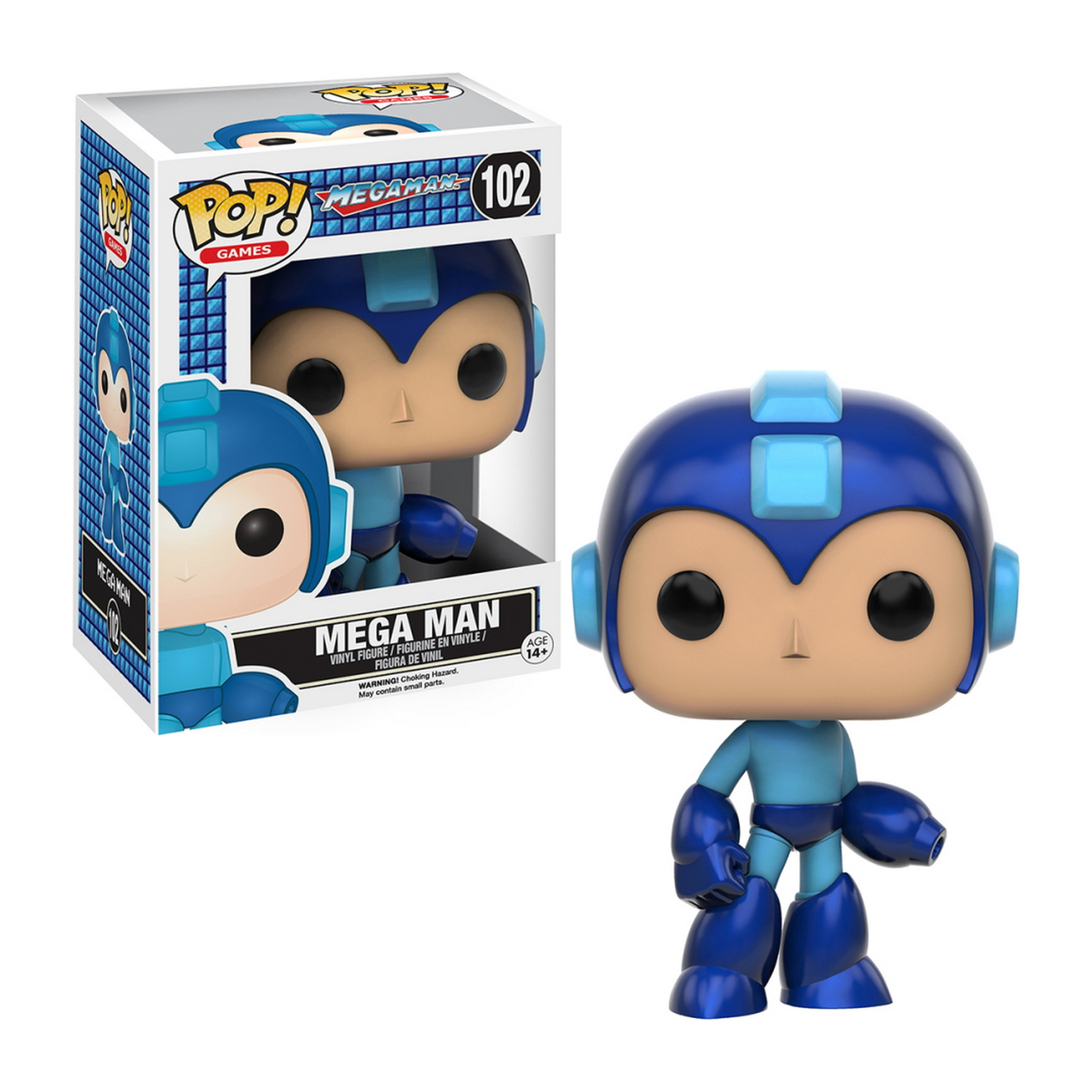 Action figure di Mega Man con scatola. È blu e bianco.