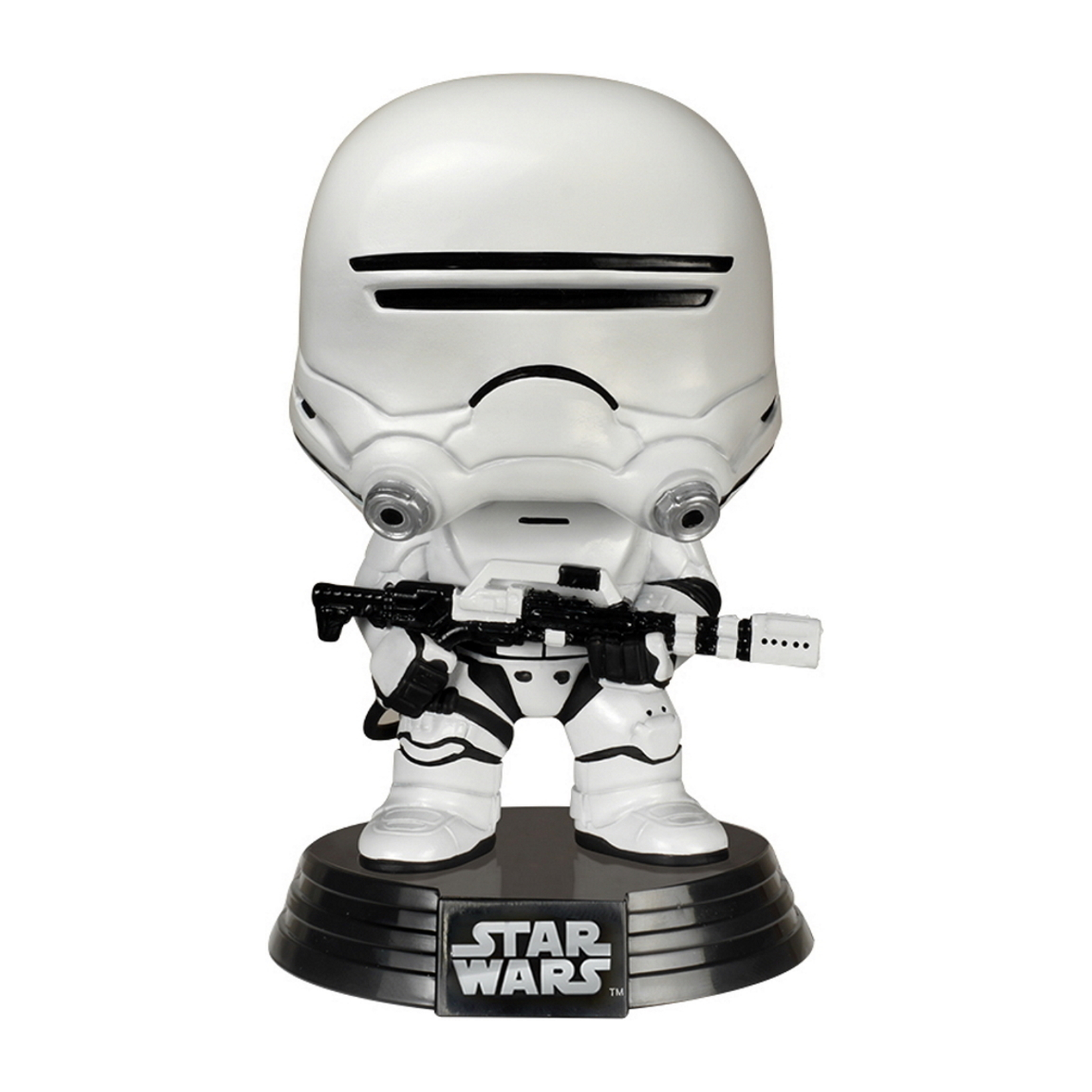 Eine weiße Star Wars Stormtrooper-Figur mit schwarzem Sockel. Sie hält ein Gewehr.