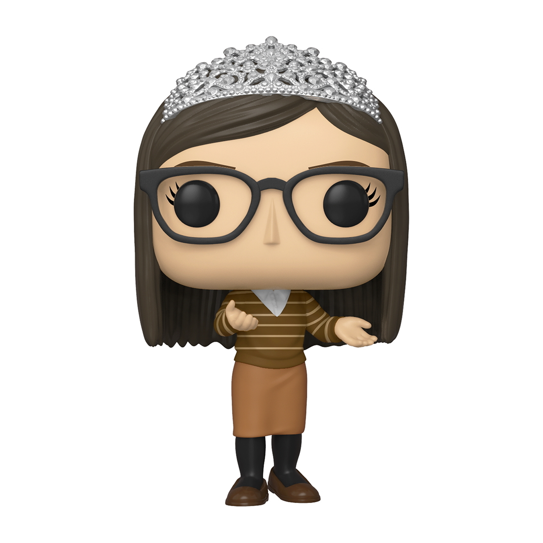 Figura Funko Pop. Ragazza con occhiali, tiara e maglione marrone. Braccia aperte come in un gesto.