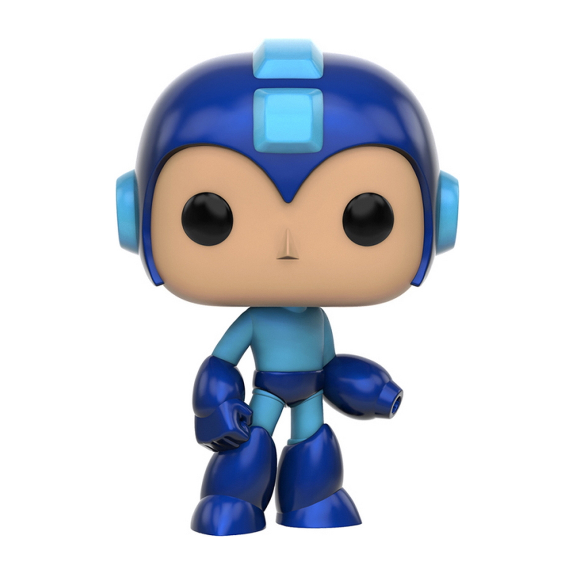 Action figure di Mega Man blu, sfondo bianco.