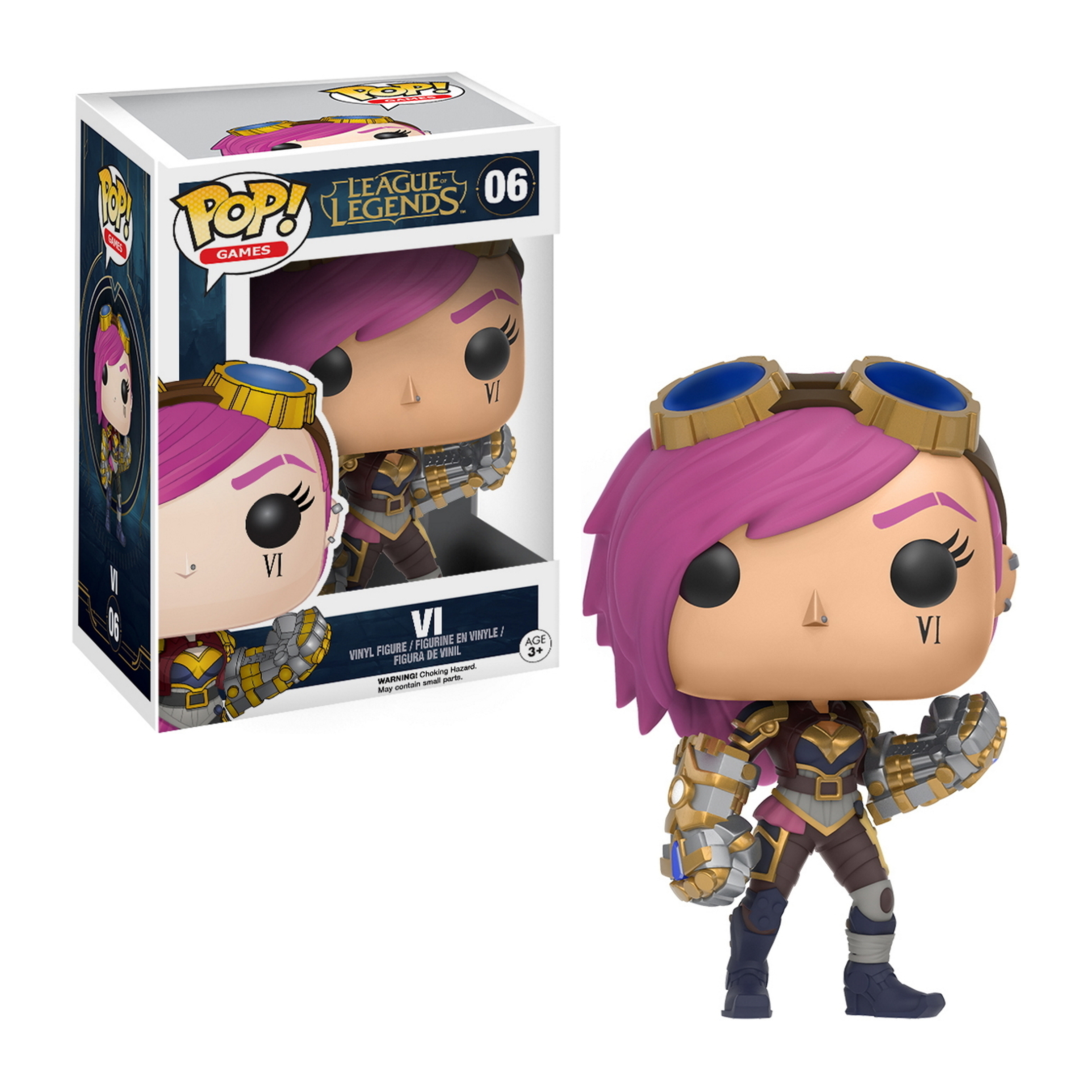 Funko Pop-Figur von Vi aus League of Legends. Vi trägt eine Rüstung und hat eine Waffe.