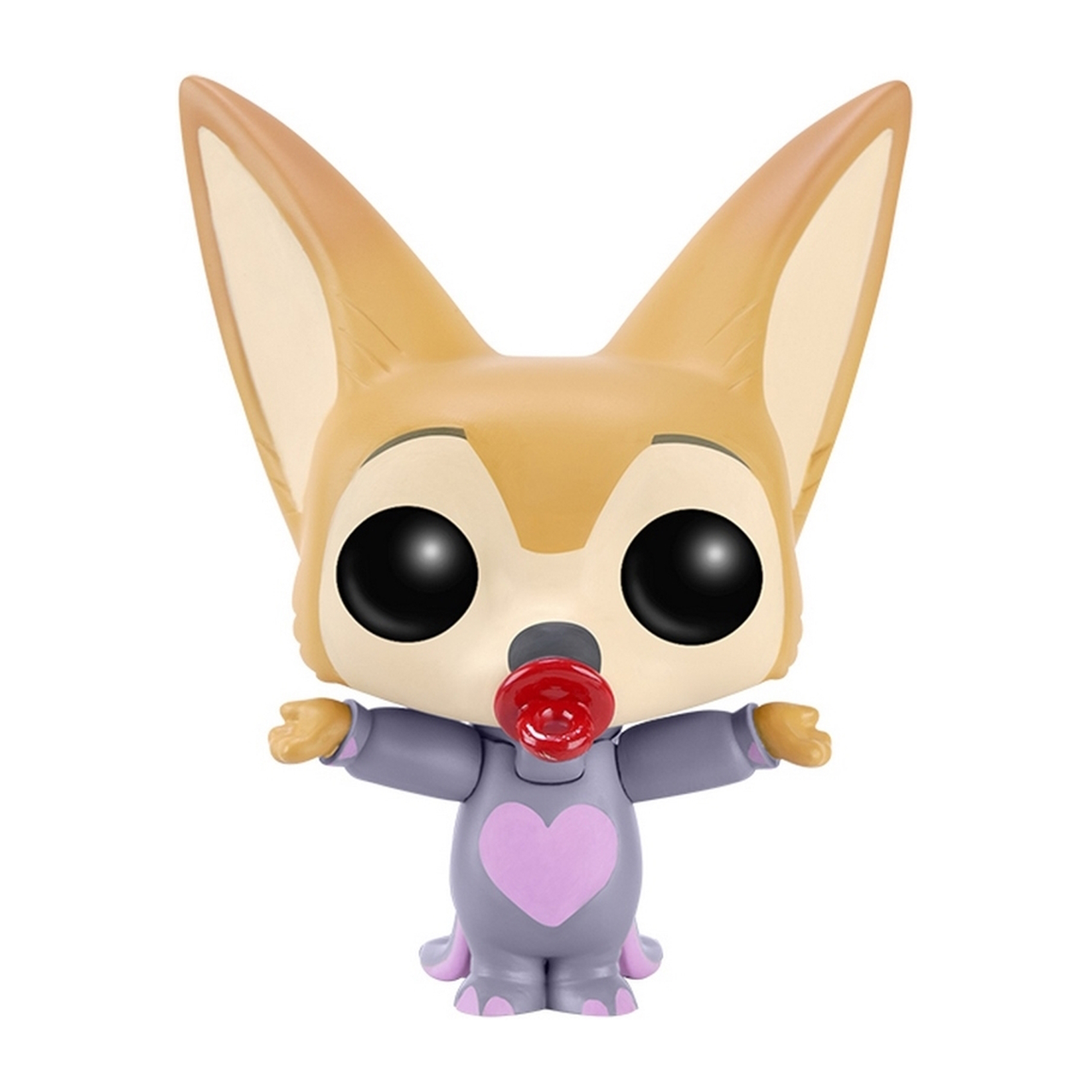 Eine Fennek-Fuchs-Figur mit Schnuller und herzförmigem Shirt. Es hat große Ohren und offene Arme.