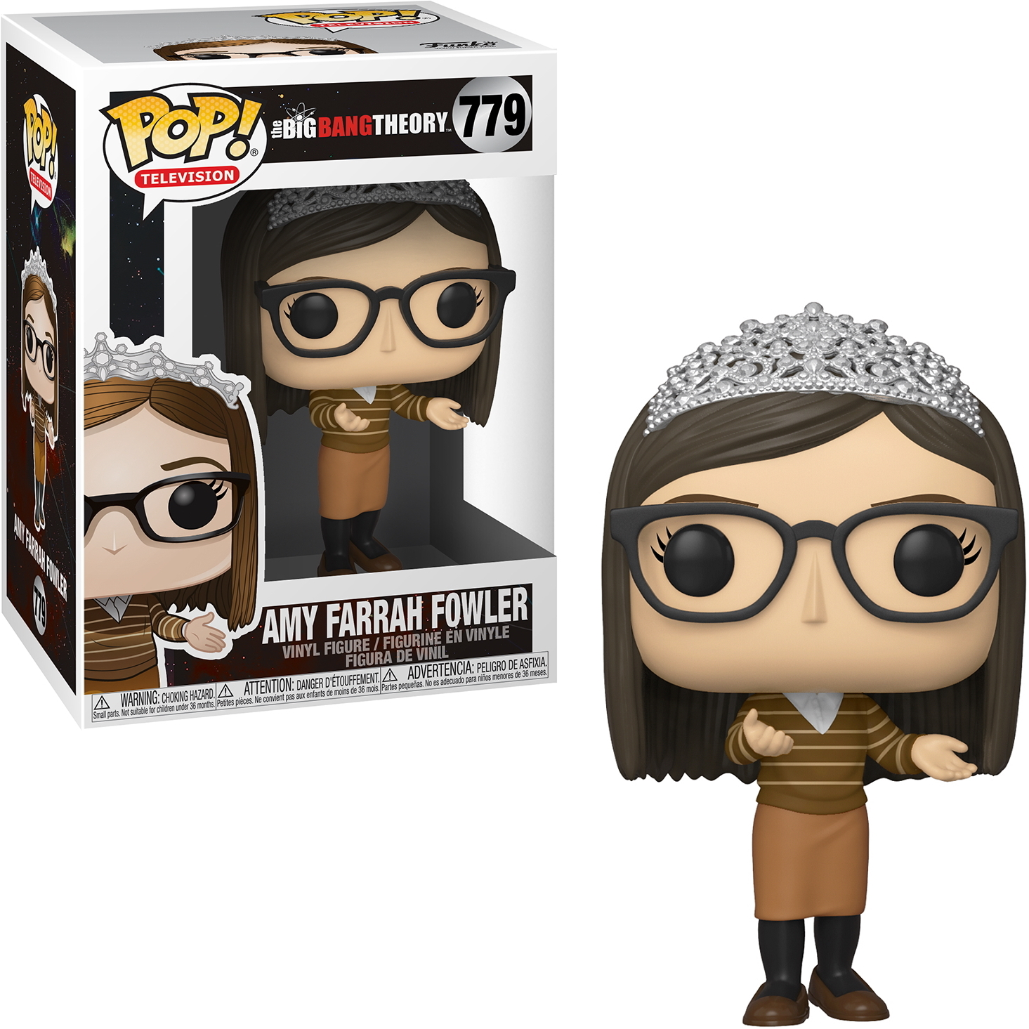 Figura Funko Pop di Amy Farrah Fowler con occhiali e tiara.