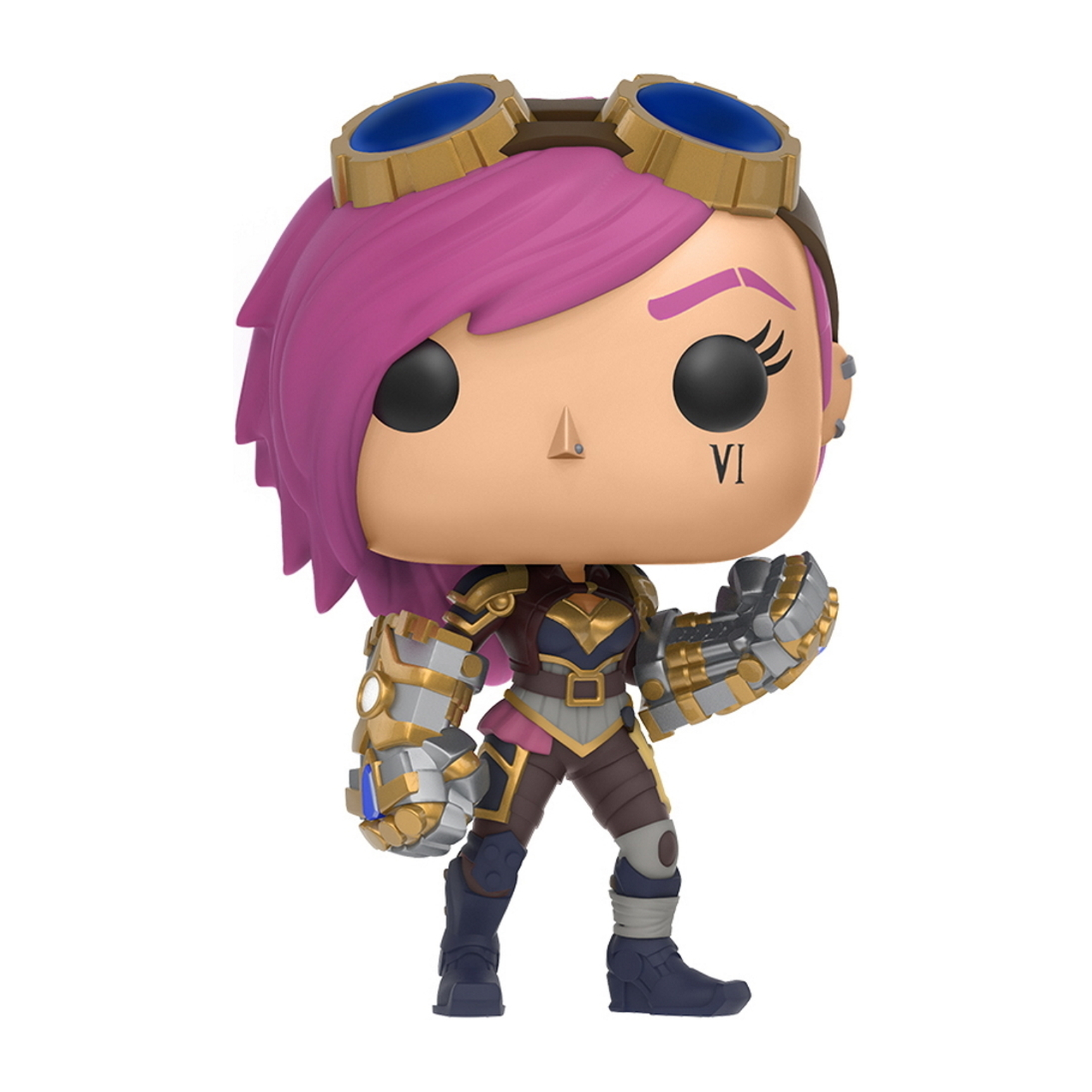 Funko Pop Figur von Vi aus League of Legends. Sie trägt goldene und pinke Rüstung.