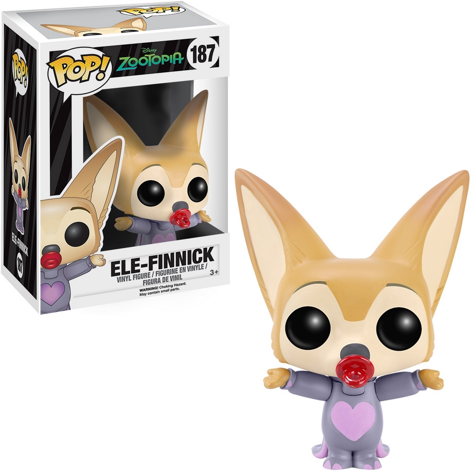 Finnick Funko Pop Figur. Ein fuchsartiger Charakter mit großen Ohren, der einen Schnuller hält. Box sichtbar.