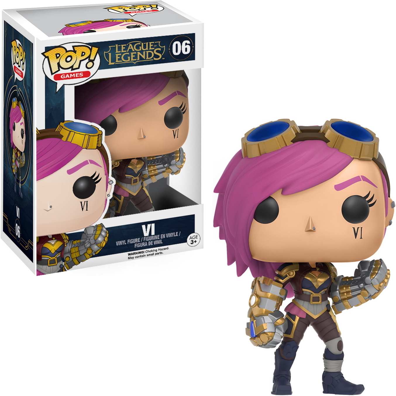 Vi Funko Pop Figur, League of Legends. Pinkes Haar, Brille und Panzerungsoutfit. Mit Bild verpackt.