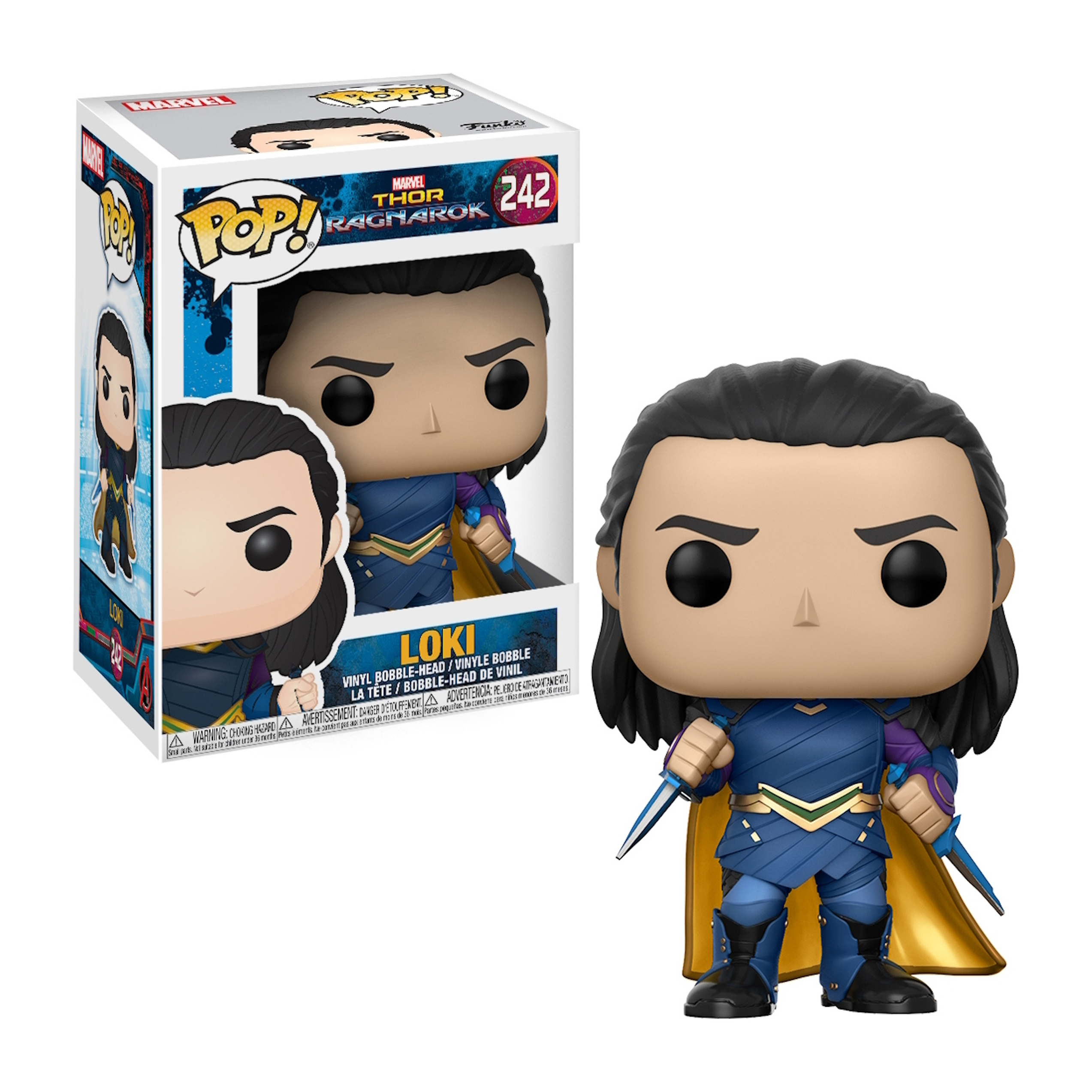 Funko Pop Figur von Loki aus Thor: Ragnarok. Die Figur und Box sind sichtbar.