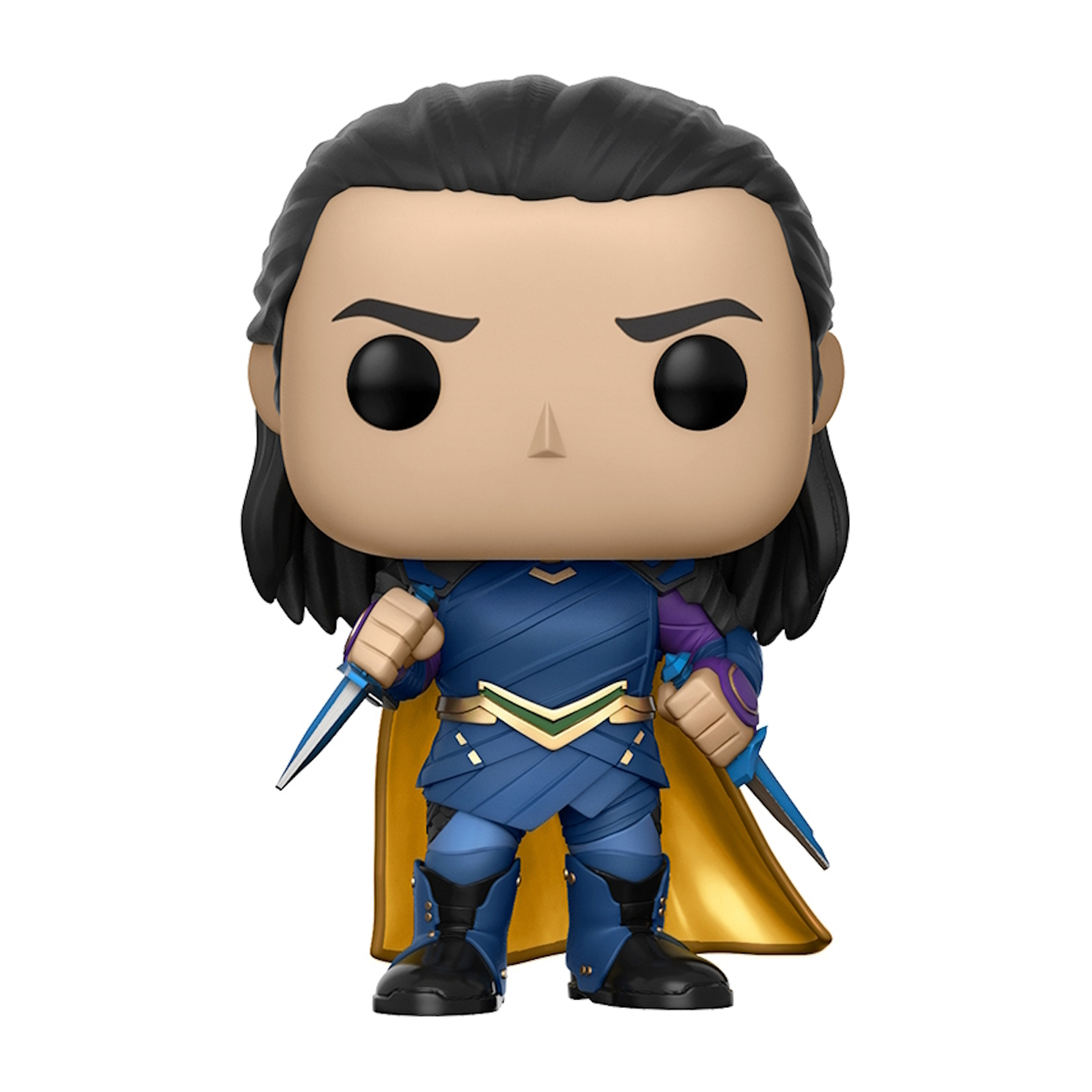 Funko Pop von Loki mit schwarzen Haaren, zwei Messern und blauer und goldener Rüstung.