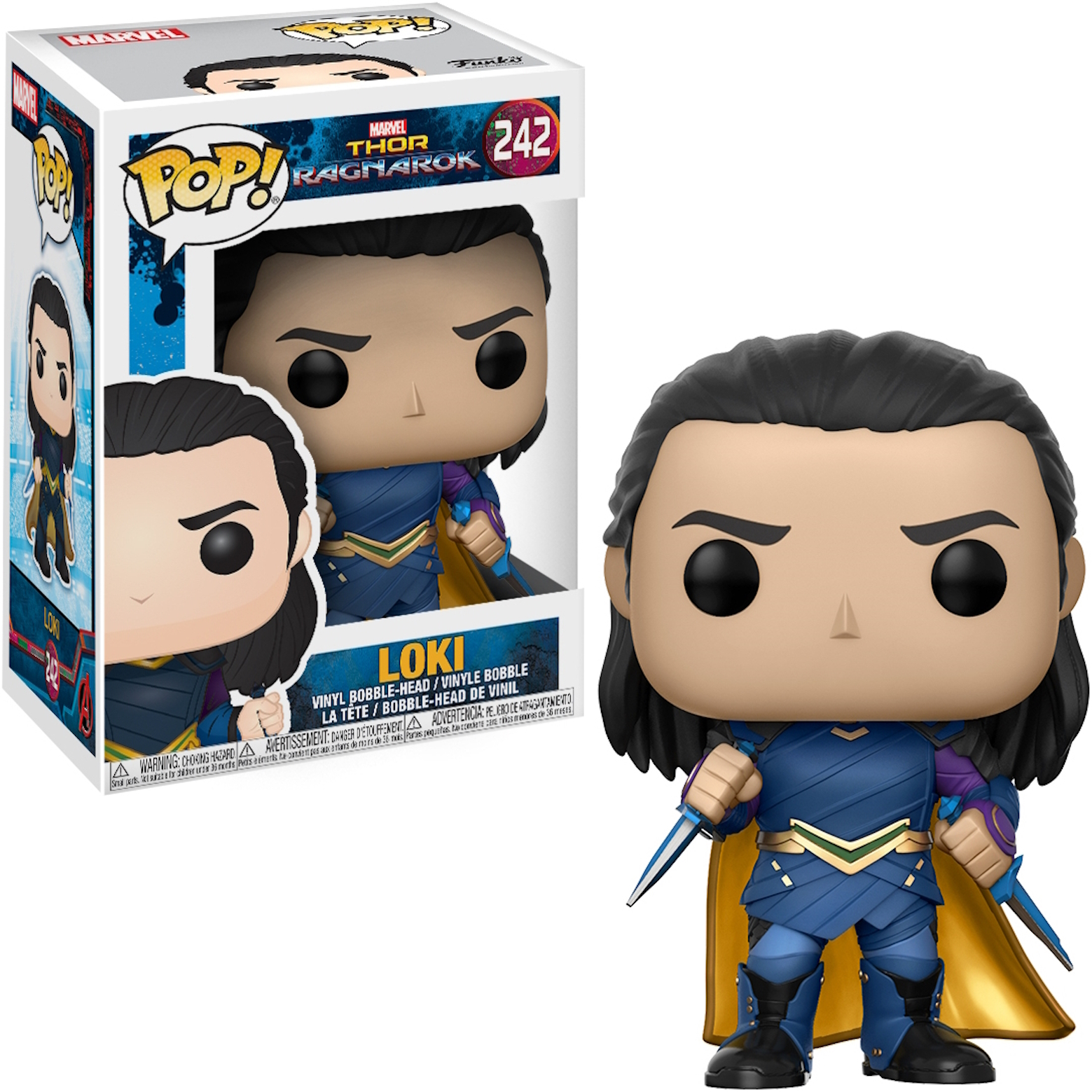 Loki Funko Pop Figur in Box und ausgestellt, mit gehörntem Helm und zwei Dolchen.