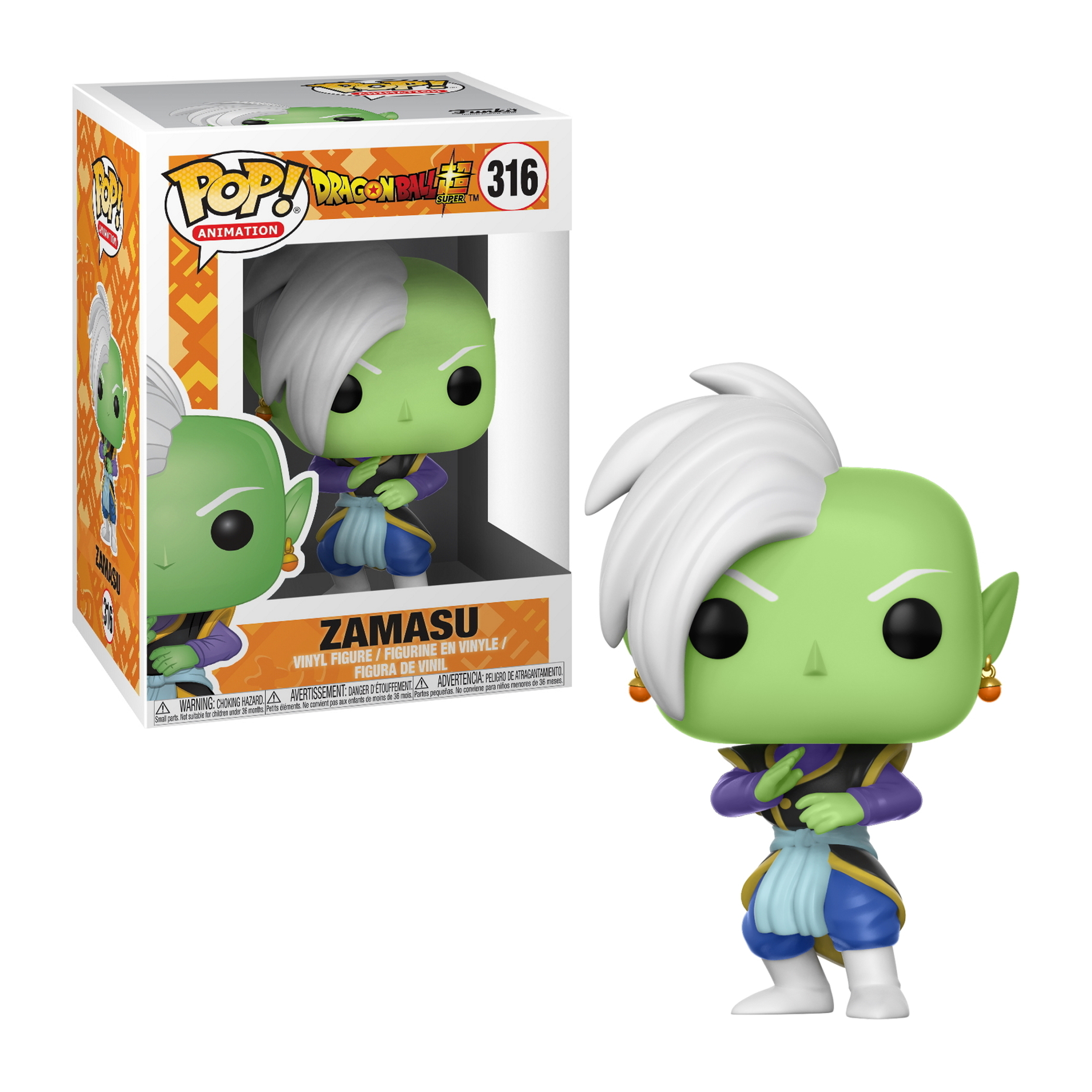 Zamasu Funko Pop Figur. Grüne Haut, weiße Haare und lila-blaues Outfit. Box im Hintergrund.