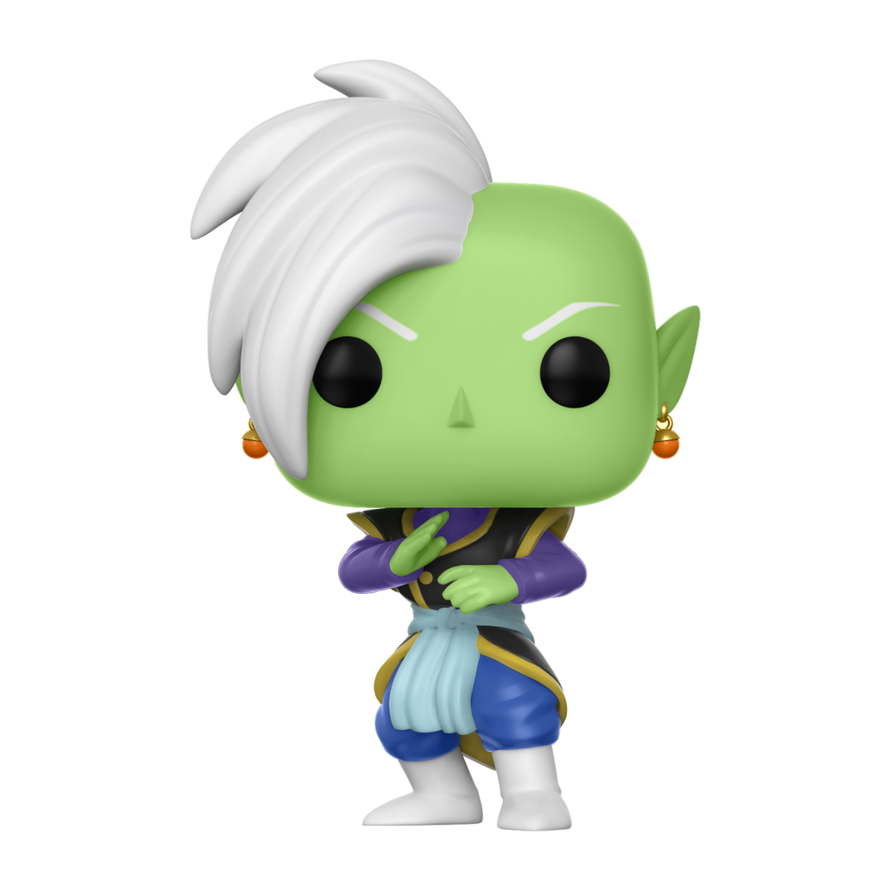 Funko Pop Figur von Zamasu, einer grünen Figur mit weißen Haaren und orangefarbenen Ohrringen. Der Hintergrund ist weiß.