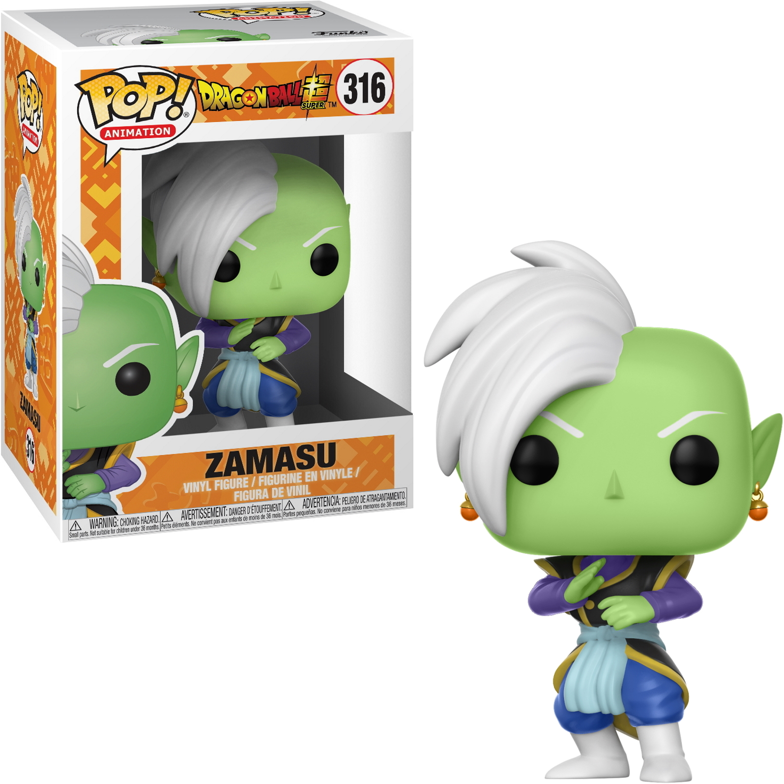 Zamasu Funko Pop Figur aus Dragon Ball Z. Grüne Haut, weißes Haar, orangefarbene Ohrringe und Pose.