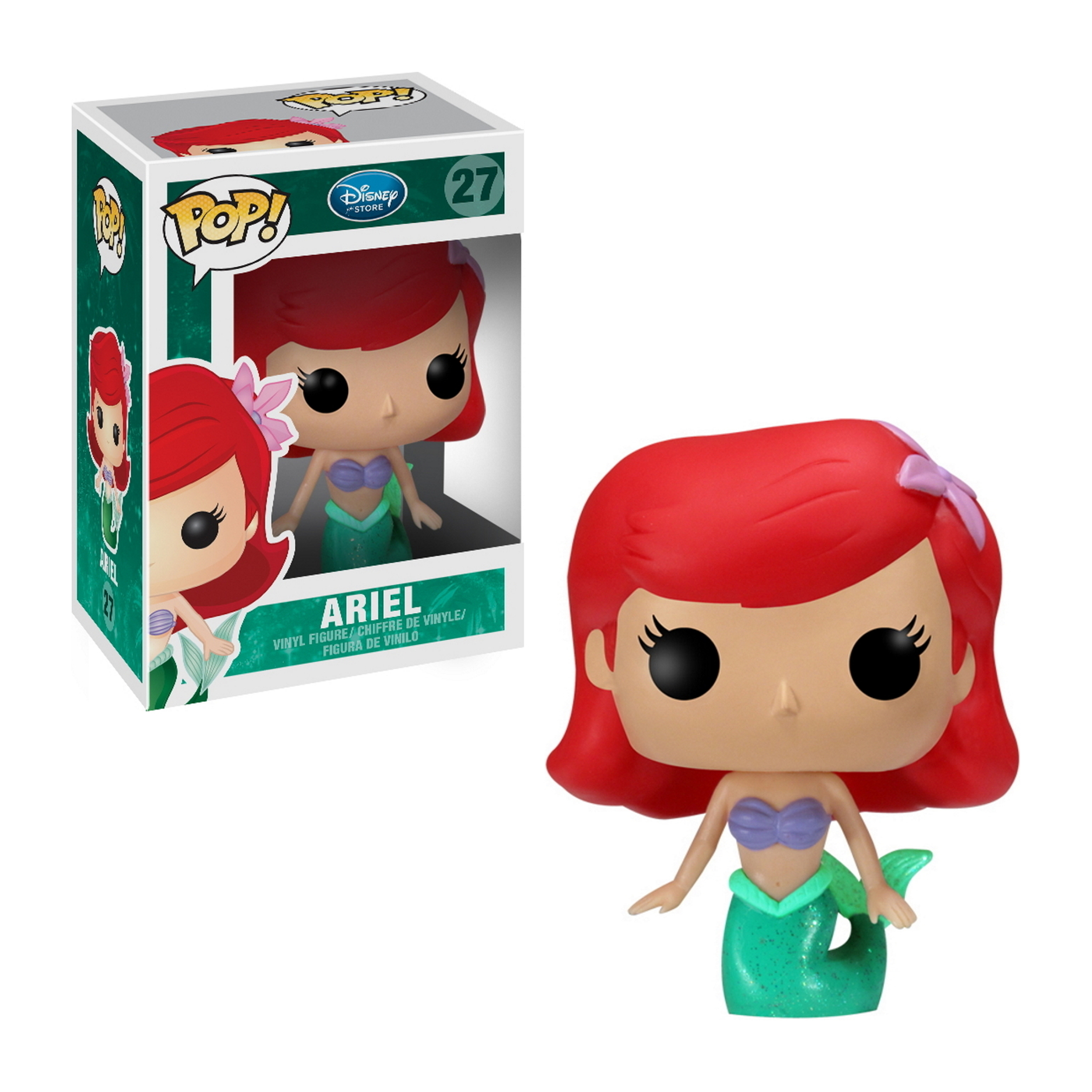 Funko Pop di Ariel de La Sirenetta, con scatola. Sfondo bianco.
