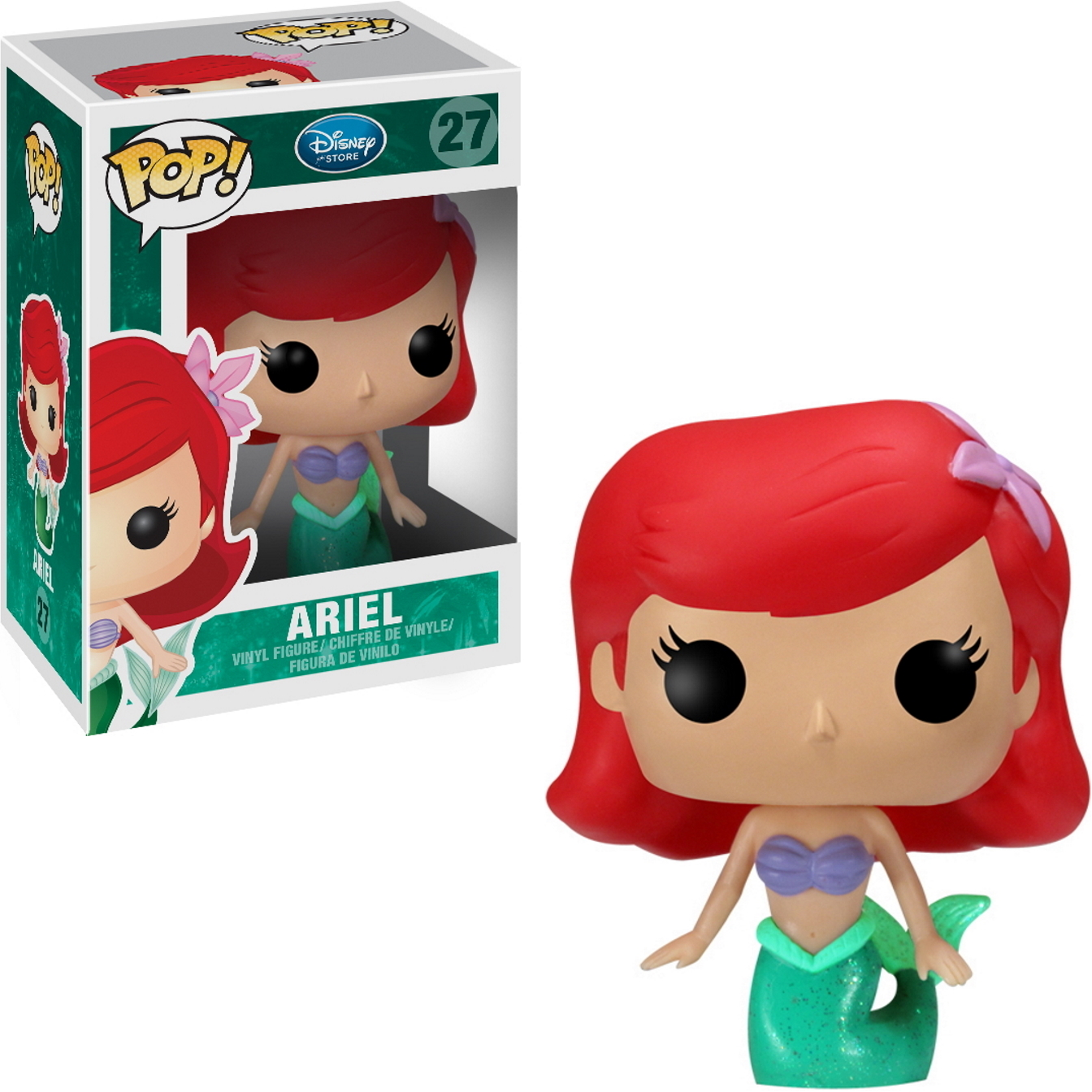 Bambola Ariel dentro e fuori dalla scatola. Ariel ha i capelli rossi, un top viola e una coda verde.