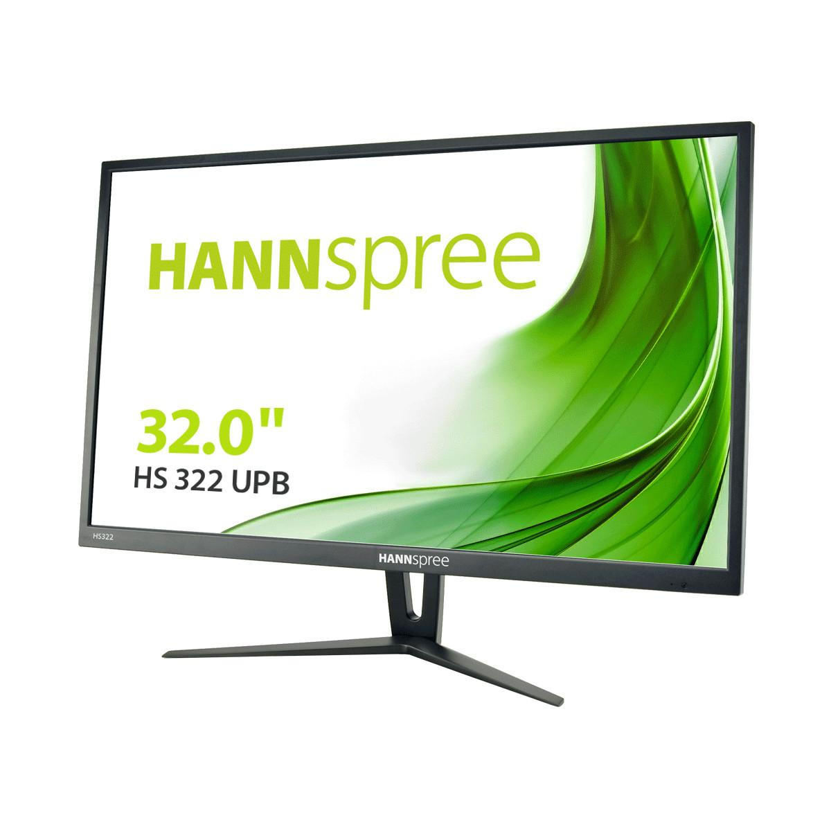 Czarny monitor komputerowy z nazwą marki HANNSspree i zielonym wzorem na ekranie.